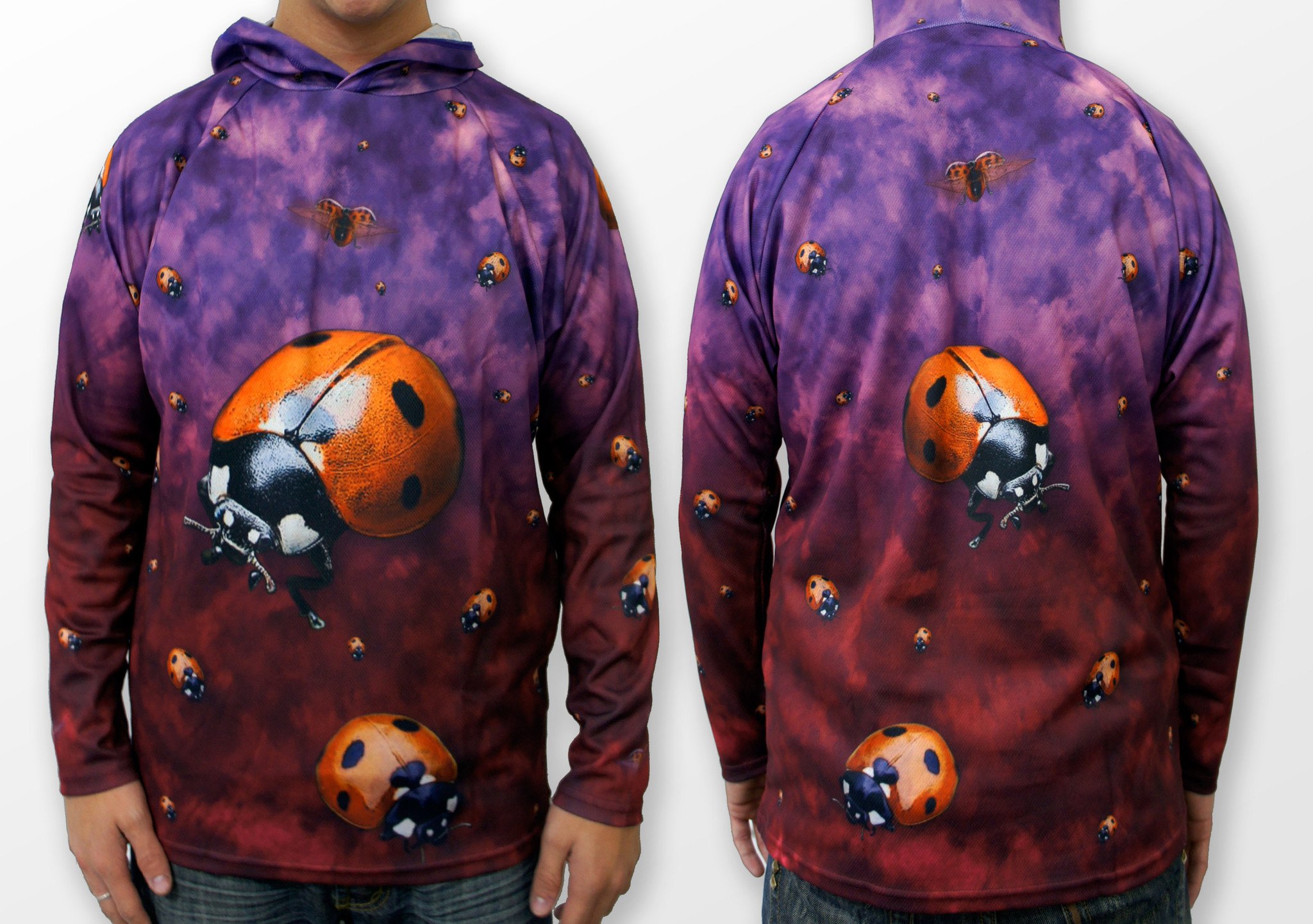 A vibrant LADYBUG Hoodie Chomp Shirt featuring colorful ladybug designs on a soft, lightweight fabric, perfect for outdoor activities.