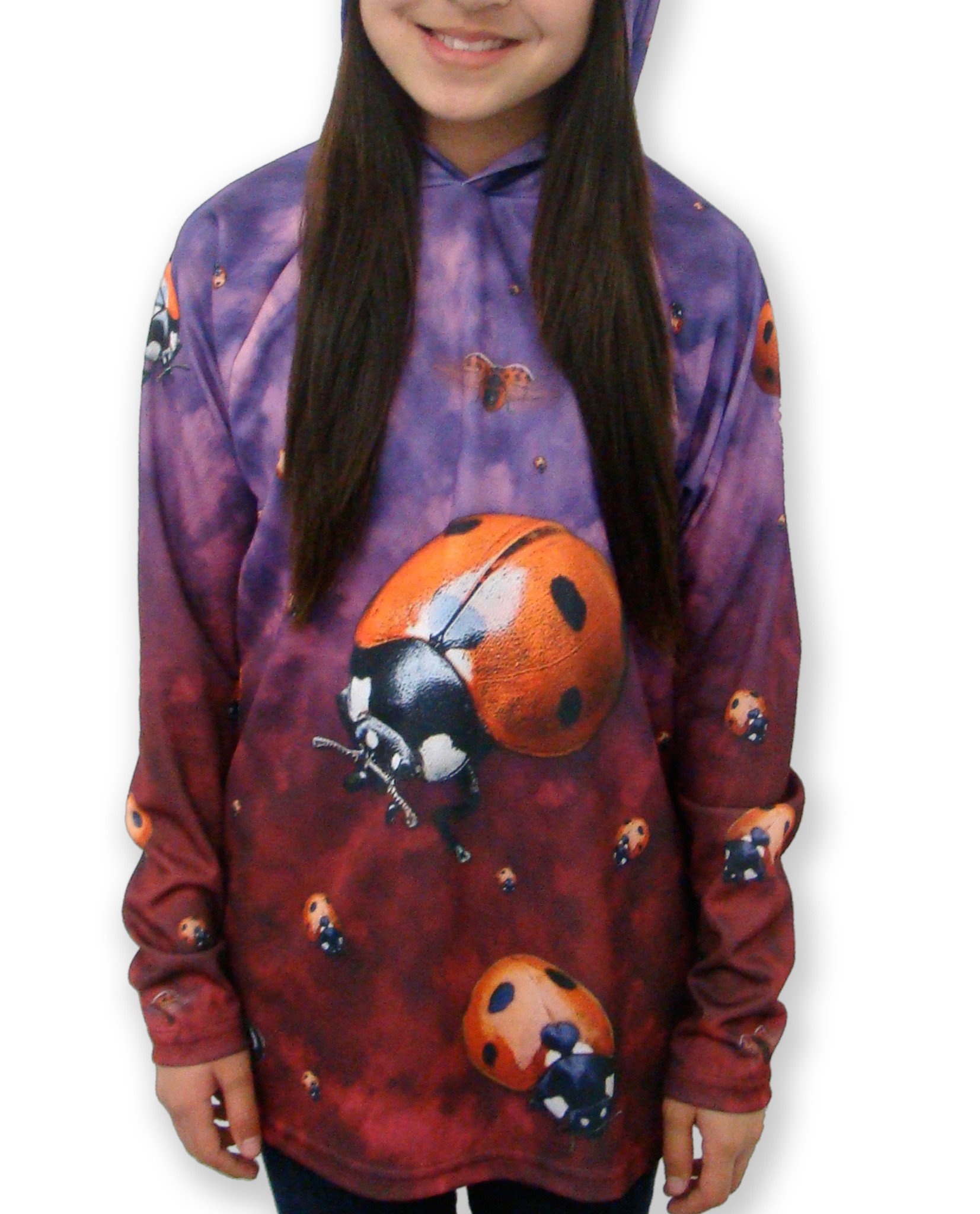 A vibrant LADYBUG Hoodie Chomp Shirt featuring colorful ladybug designs on a soft, lightweight fabric, perfect for outdoor activities.