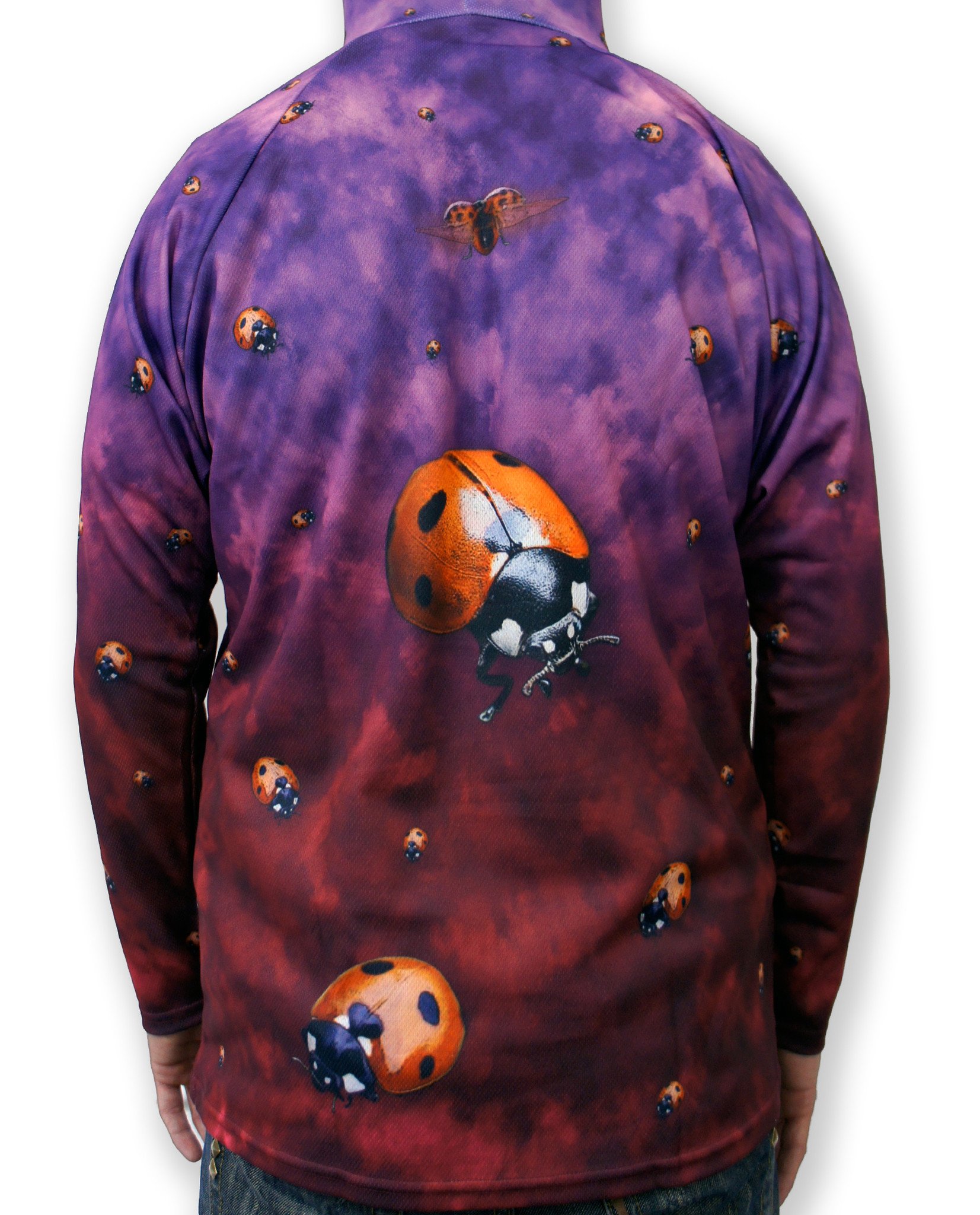 A vibrant LADYBUG Hoodie Chomp Shirt featuring colorful ladybug designs on a soft, lightweight fabric, perfect for outdoor activities.