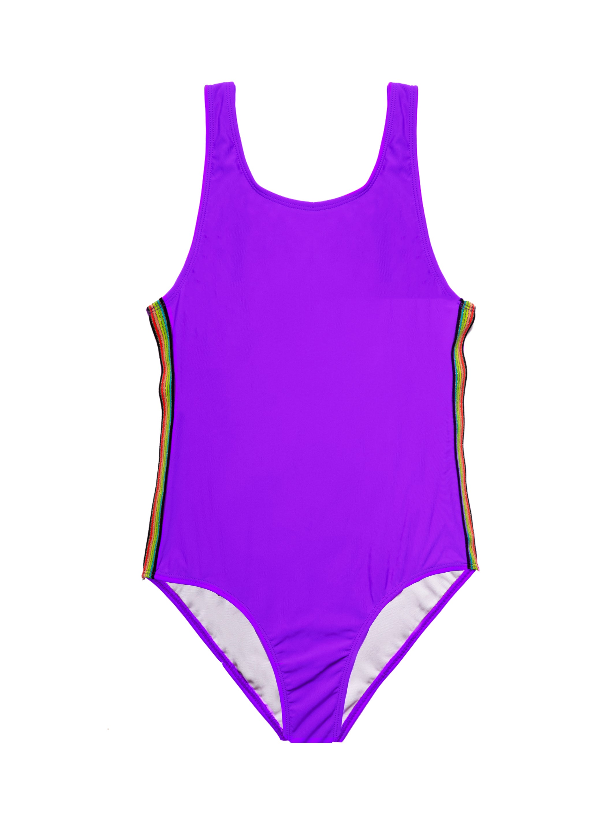 LAURE Periwinkle Rainbow Trim One Piece Swimsuit featuring a square neckline and rainbow trim detail, designed for girls aged 4 to 16.