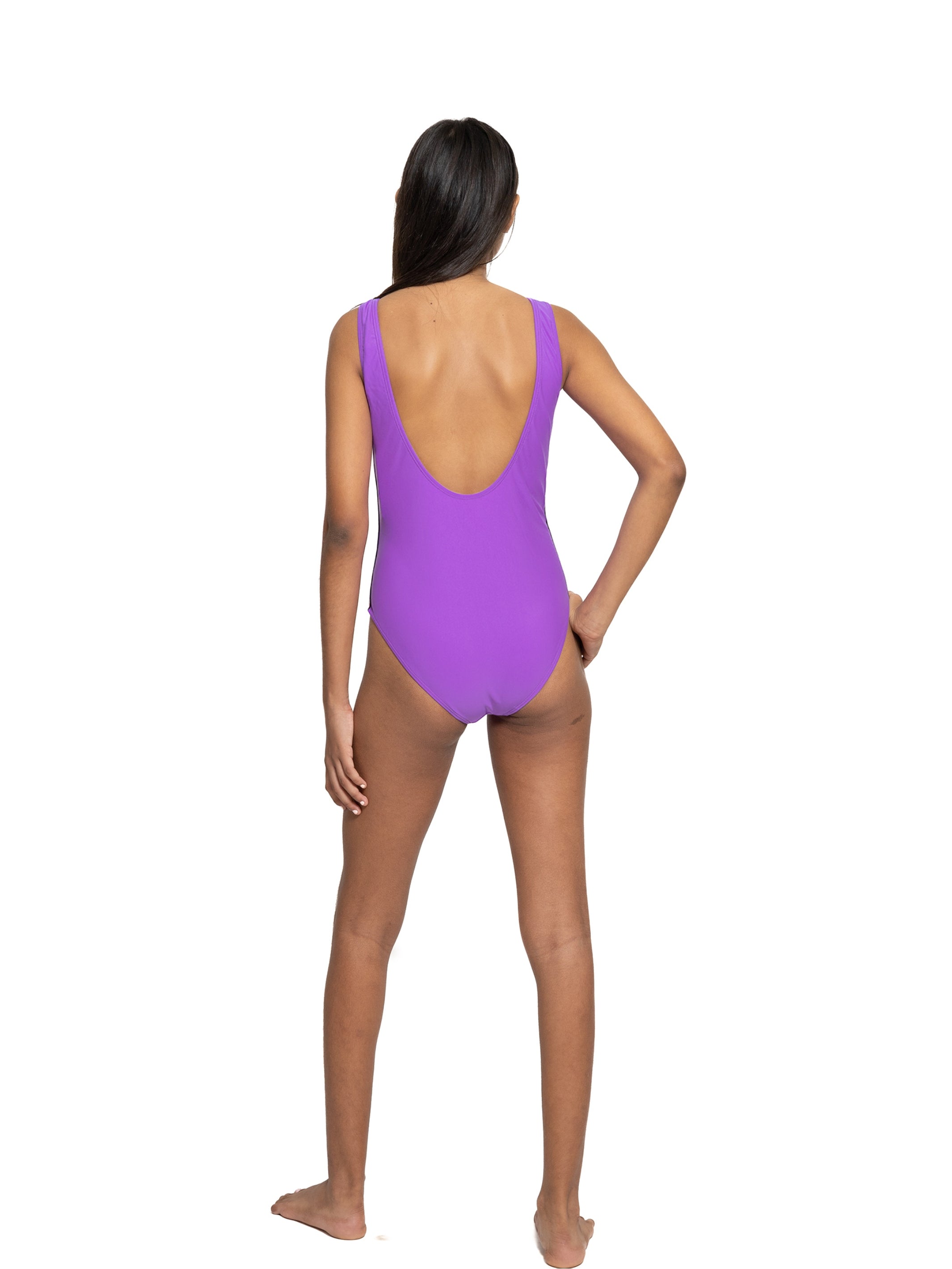 LAURE Periwinkle Rainbow Trim One Piece Swimsuit featuring a square neckline and rainbow trim detail, designed for girls aged 4 to 16.