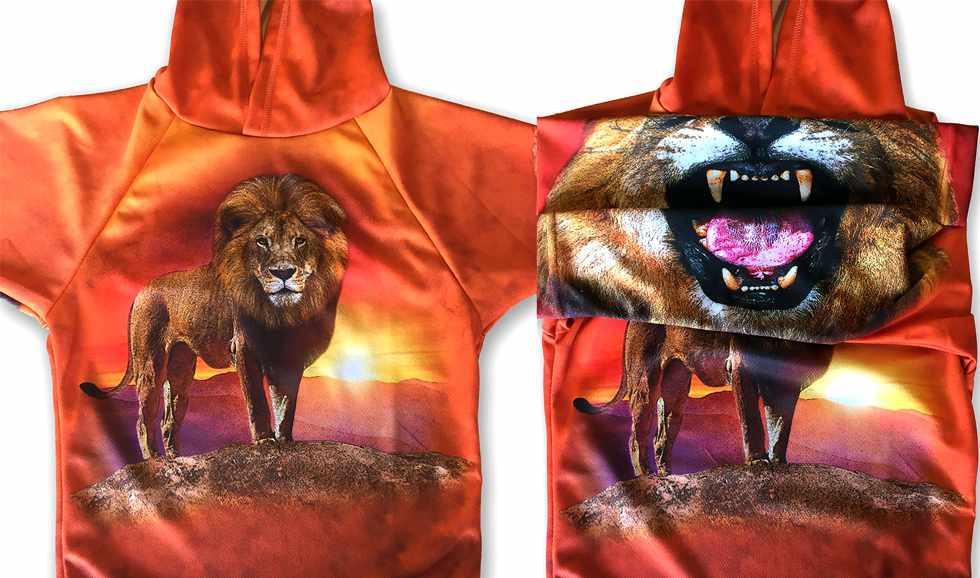LION JUNGLE MASTER Sport Shirt by MOUTHMAN® featuring a vibrant lion design and soft polyester fabric.