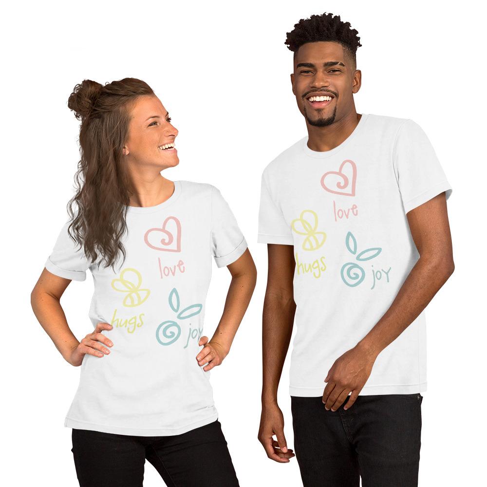 Love Hugs Joy Adult Unisex T-shirt in various sizes, showcasing its soft fabric and stylish design.