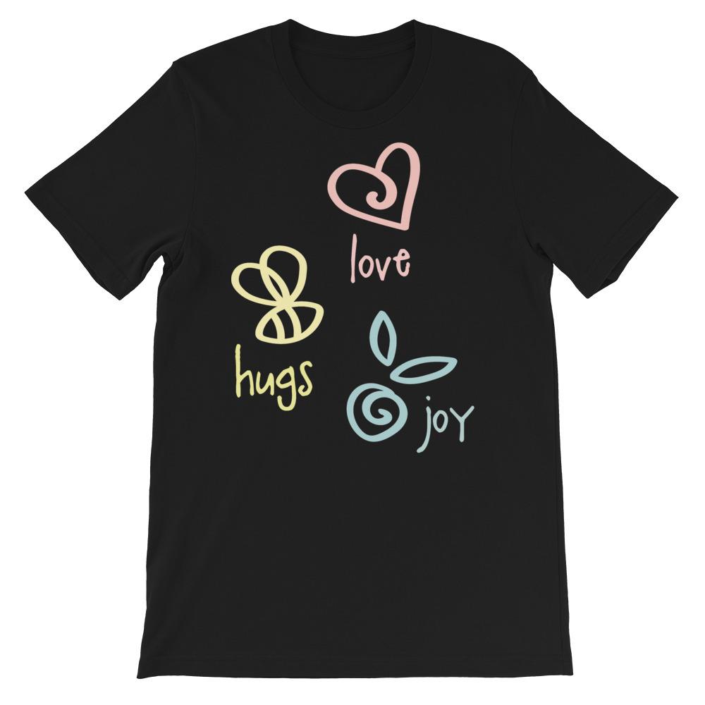Love Hugs Joy Adult Unisex T-shirt in various sizes, showcasing its soft fabric and stylish design.