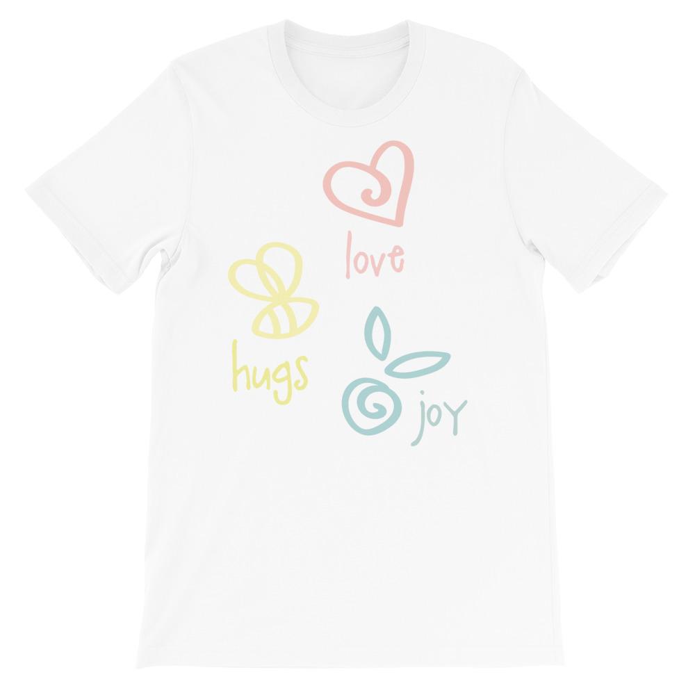 Love Hugs Joy Adult Unisex T-shirt in various sizes, showcasing its soft fabric and stylish design.