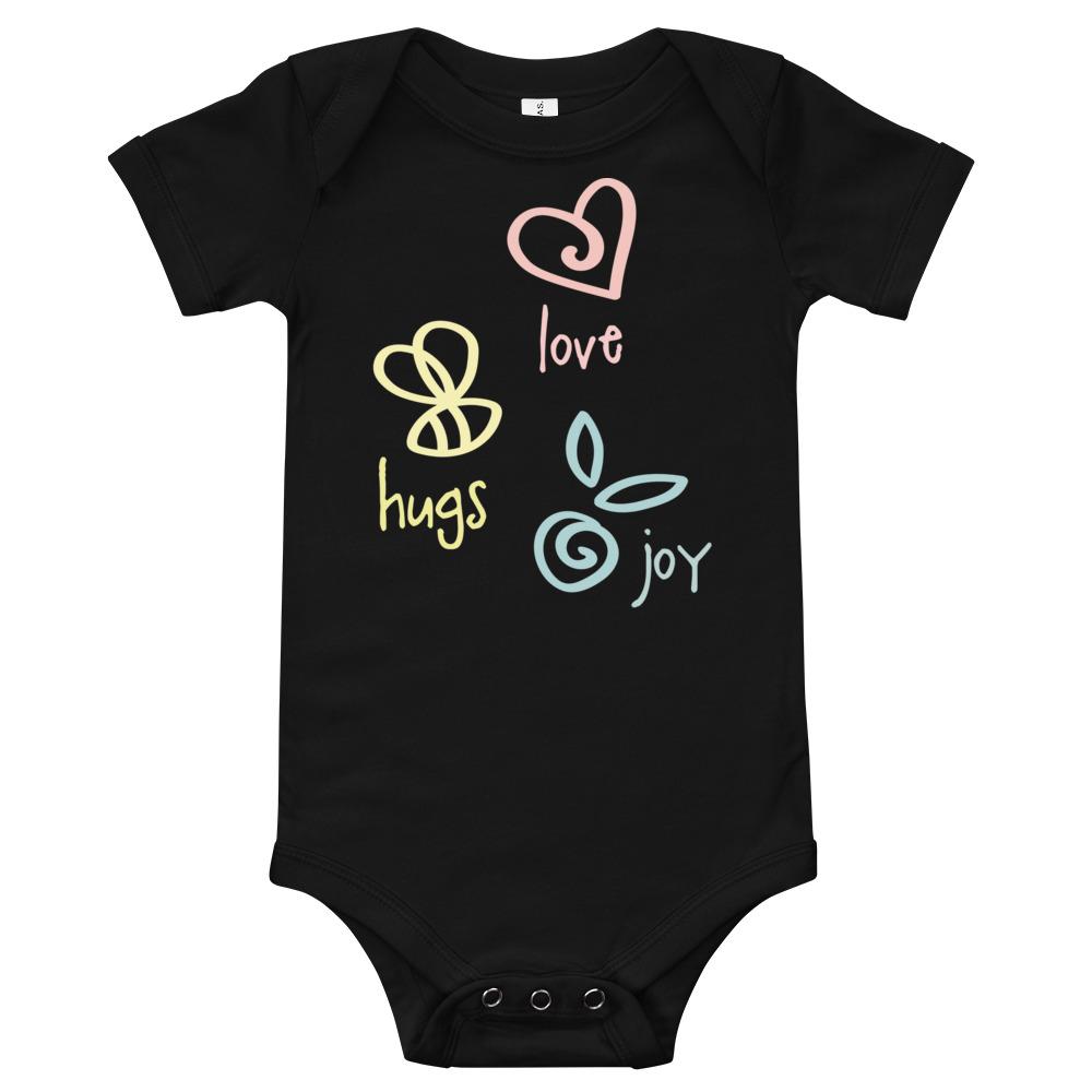 Love Hugs Joy Baby Bodysuit in soft cotton with envelope neckline and snap closures, perfect for infants.