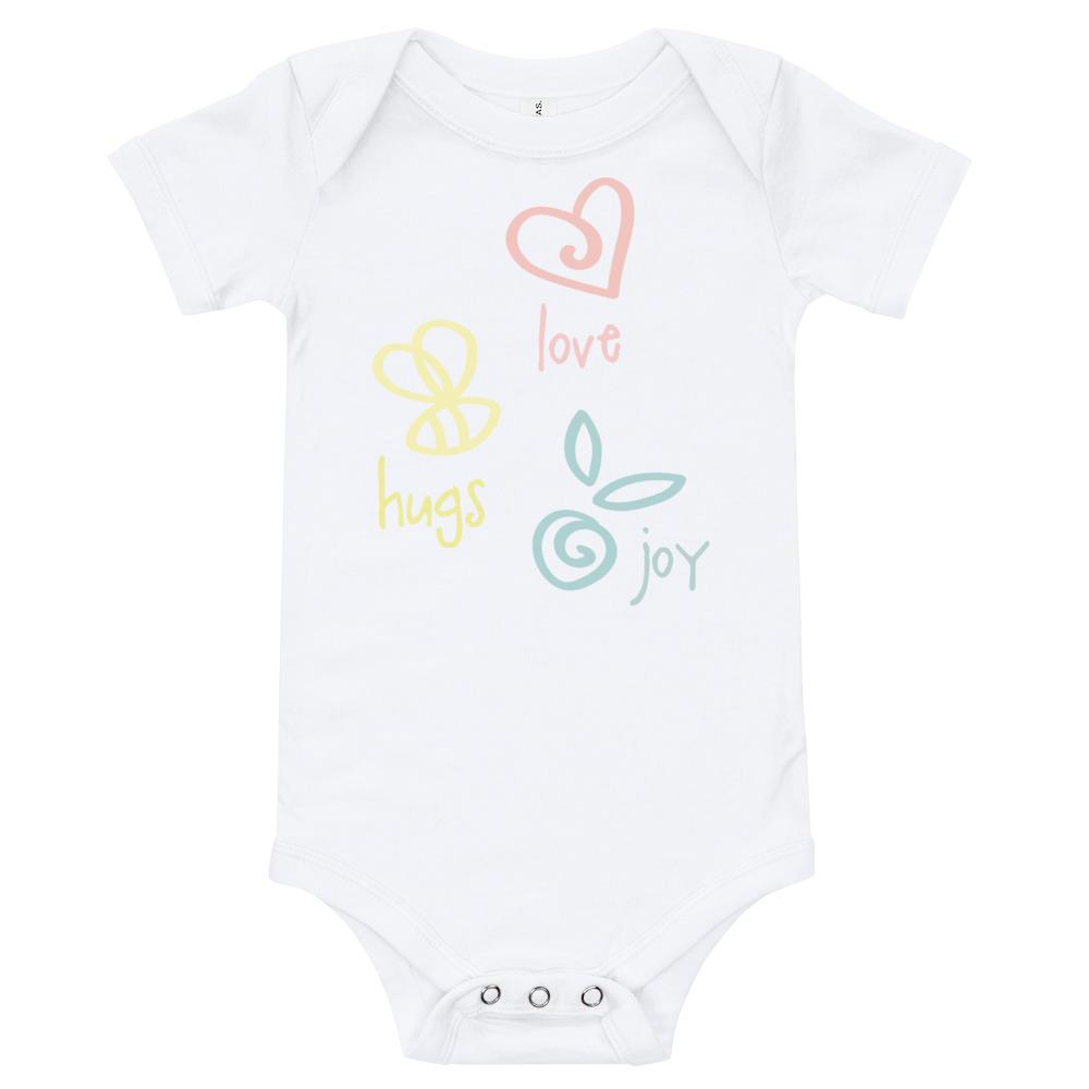 Love Hugs Joy Baby Bodysuit in soft cotton with envelope neckline and snap closures, perfect for infants.
