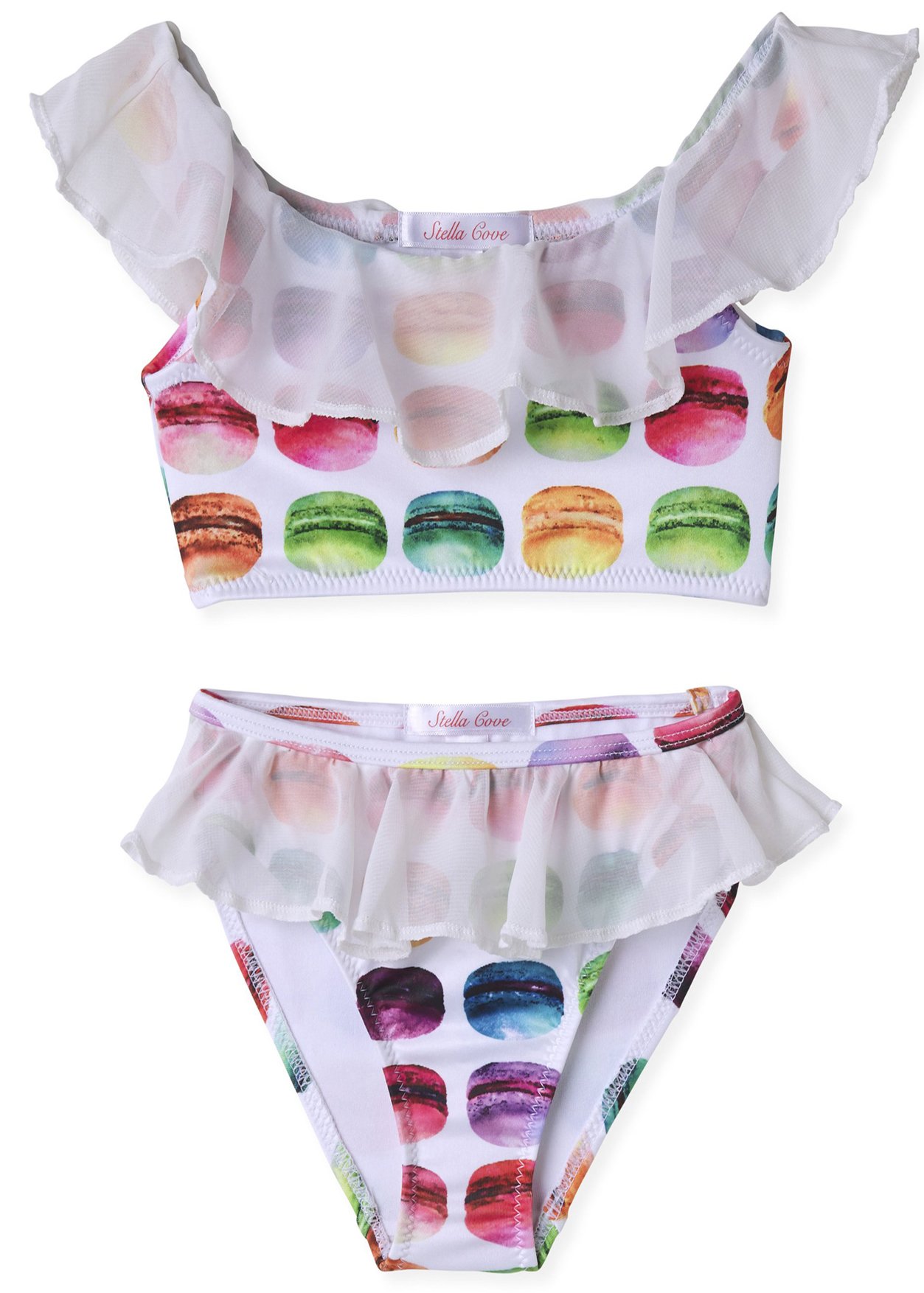 Macaroon Drape Bikini with Chiffon featuring a stylish design and matching boys' shorts, perfect for beach outings.