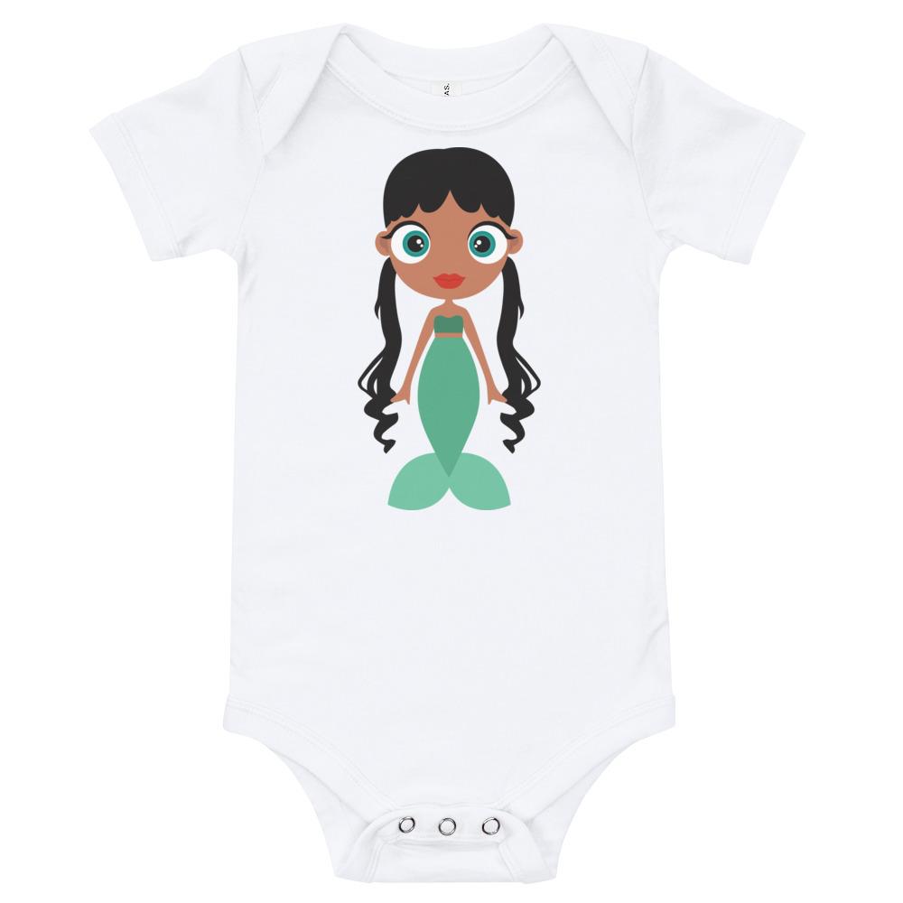 A soft cotton Mermaid Kritter Baby Bodysuit featuring an envelope neckline and three snap leg closure, perfect for infants.