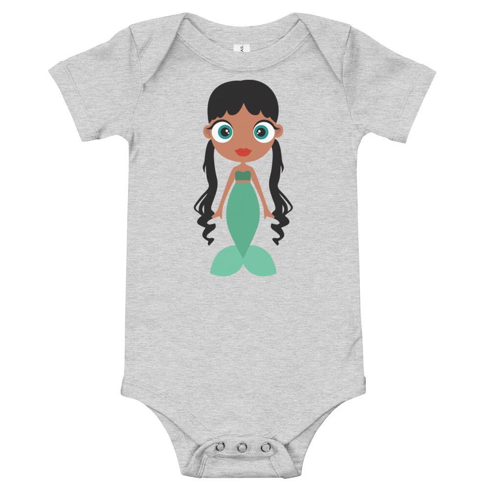 A soft cotton Mermaid Kritter Baby Bodysuit featuring an envelope neckline and three snap leg closure, perfect for infants.