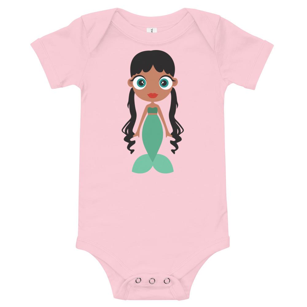 A soft cotton Mermaid Kritter Baby Bodysuit featuring an envelope neckline and three snap leg closure, perfect for infants.