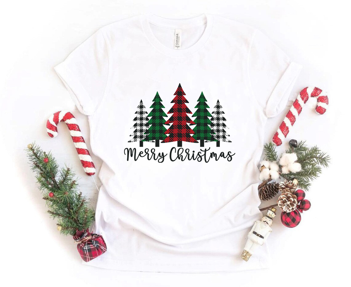 A Merry Christmas Shirt featuring a festive design, made from soft ring spun cotton, available in multiple colors and sizes.