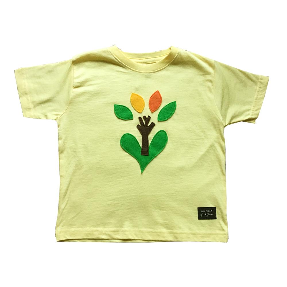 A vibrant yellow kids tee featuring unique felt appliqué designs, handmade and hand-stitched, perfect for boys.