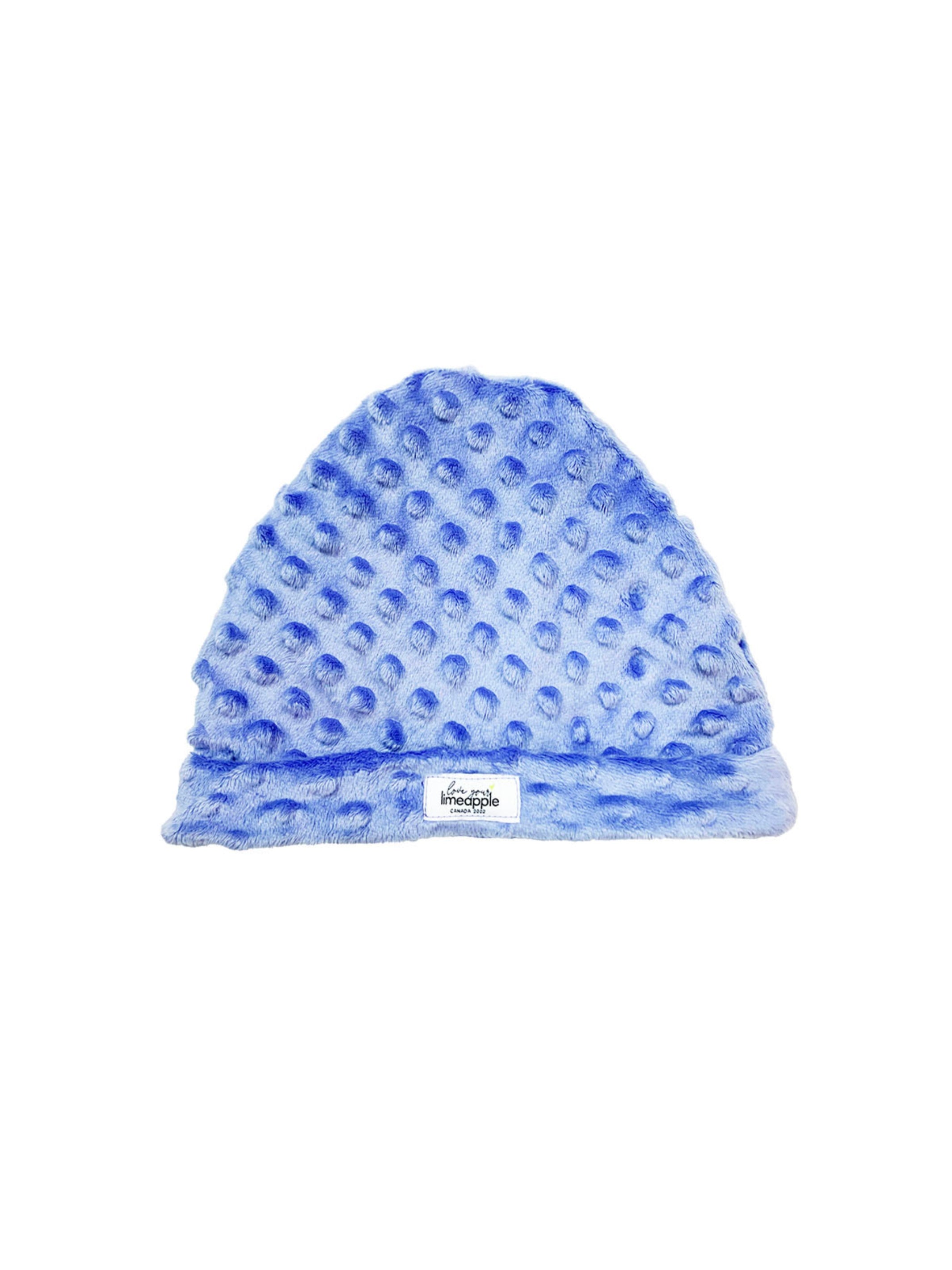 Cozy periwinkle girls beanie made from soft minky bubble fabric, perfect for warmth and style.