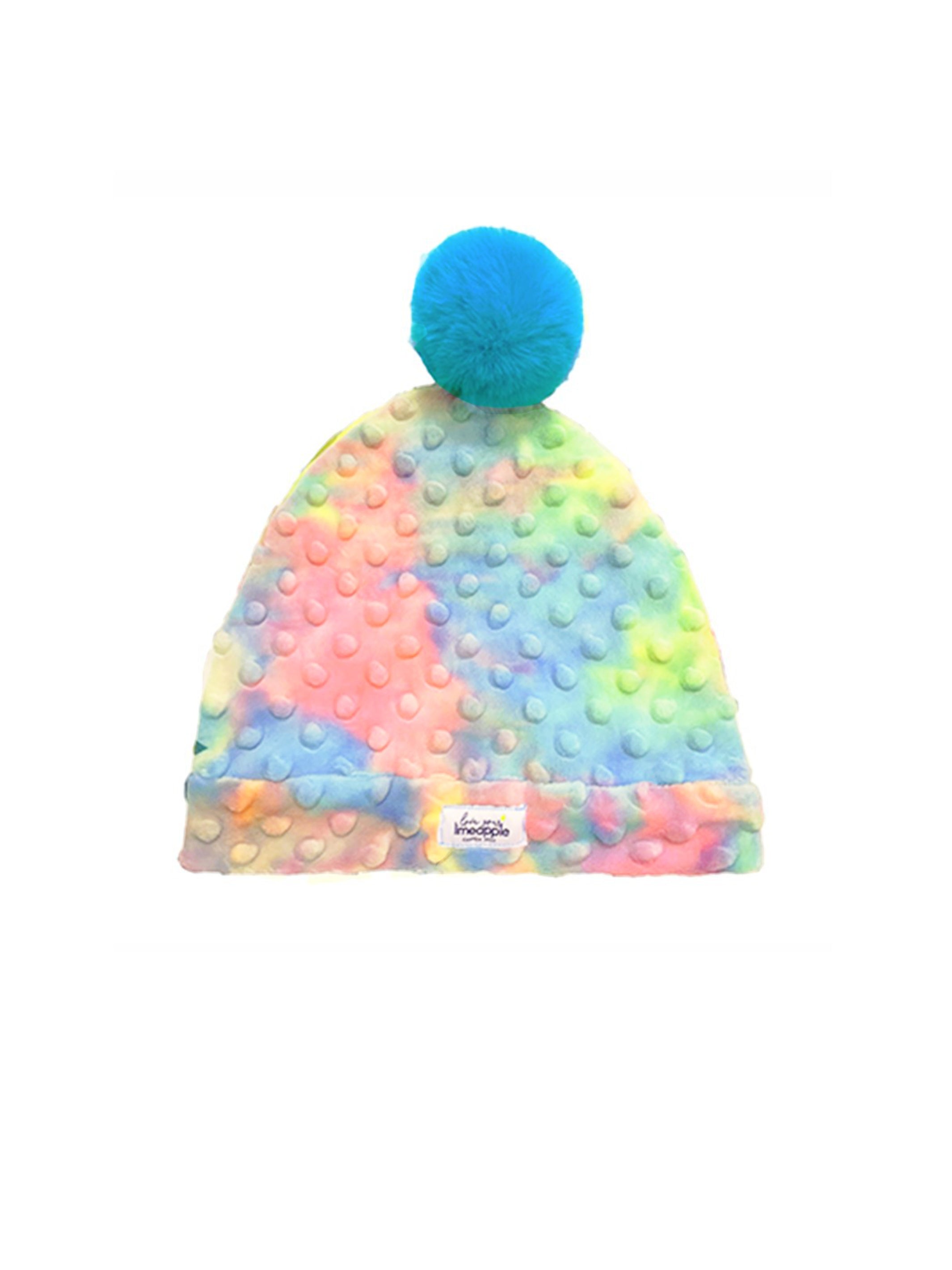 Minky Dot Bubble Beanie in Cotton Candy Tie Dye with a fluffy pom-pom puff, showcasing vibrant colors and soft texture.