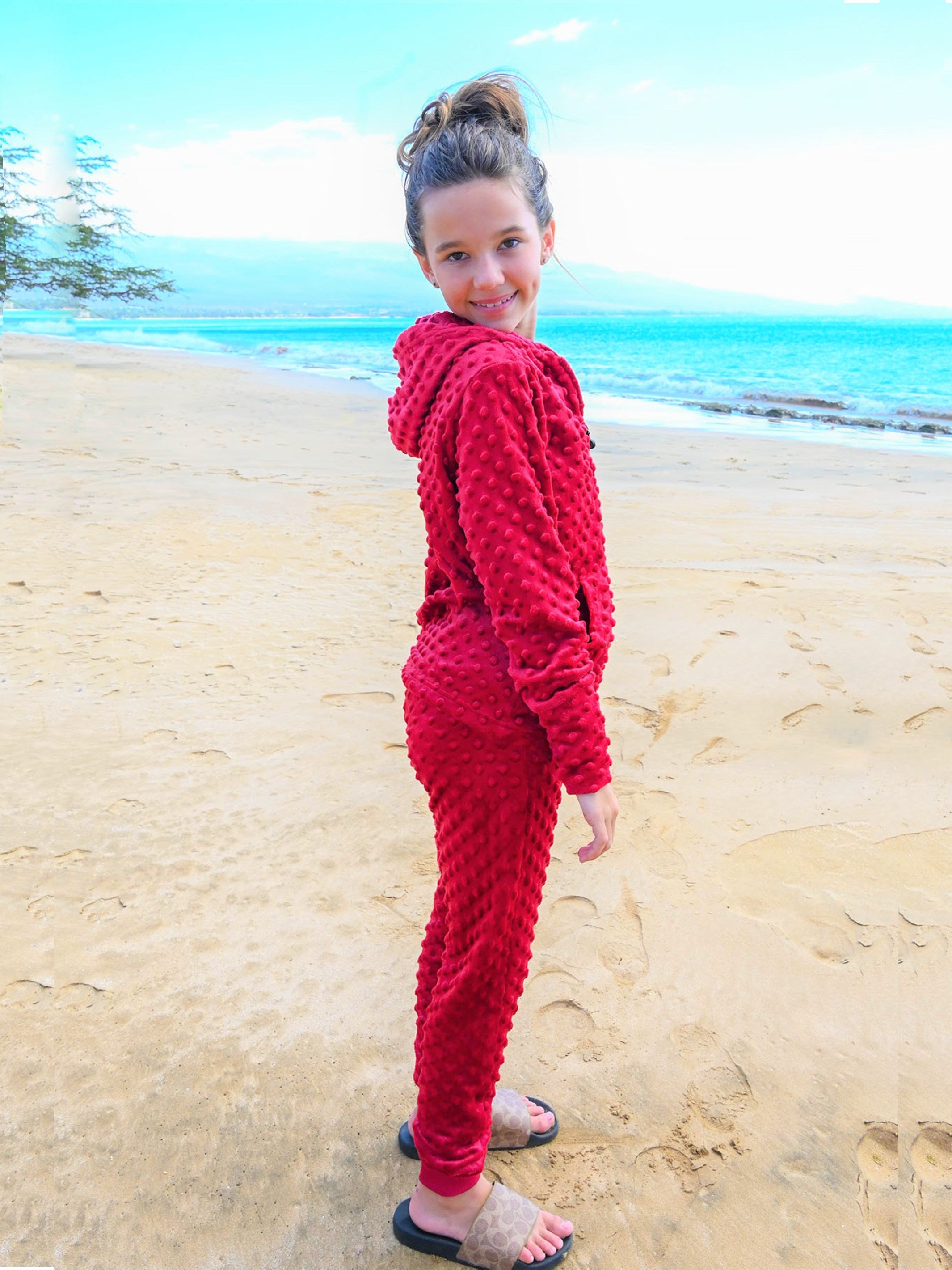 Burgundy Minky Bubble Jogger Pant with unique hand-dyed design, featuring a drawstring waistband and ribbed bands for a slim fit.