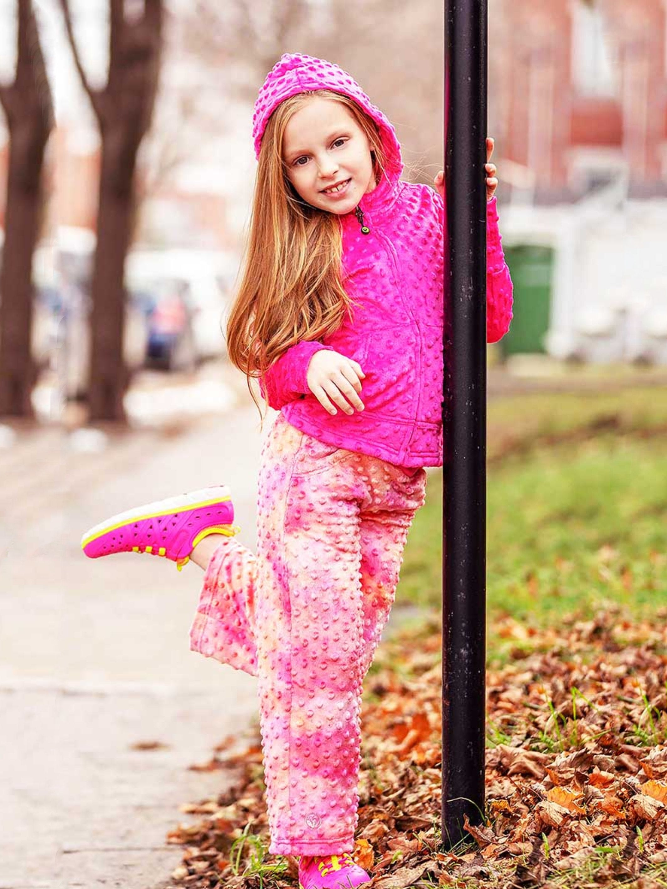 Minky Bubble Pant in fuchsia orange tie dye, featuring a relaxed fit and drawstring waistband, perfect for lounging.