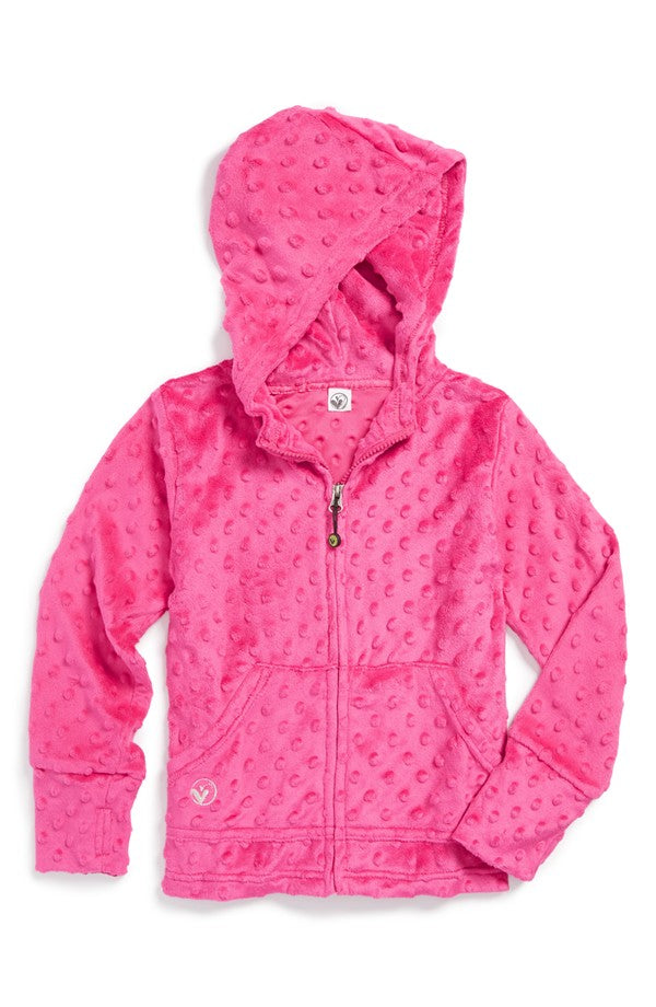 Fuchsia Minky Bubble Zip Hoodie featuring a plush, soft fabric with a zip closure and thumbholes for added comfort.