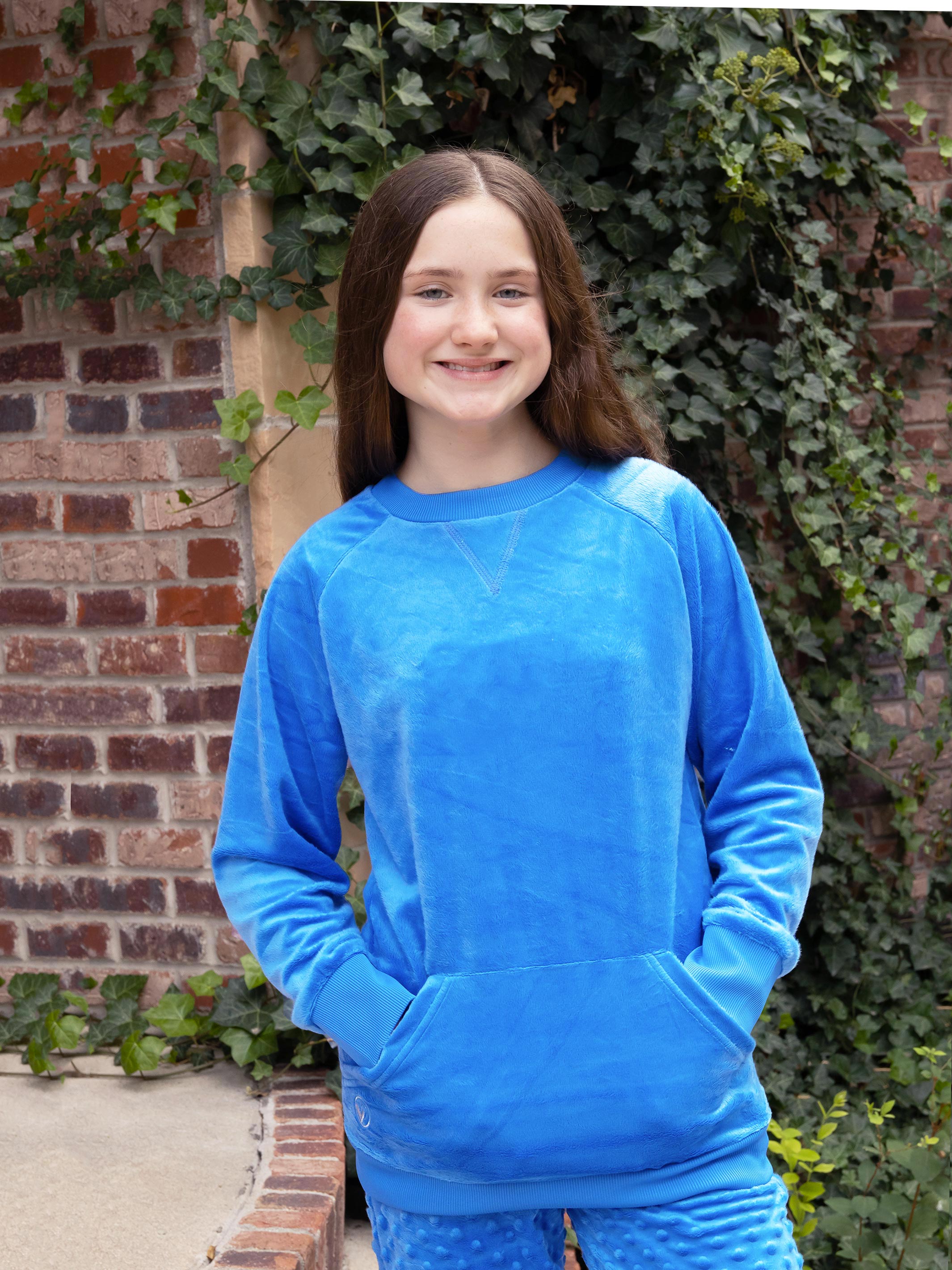 Minky Crewneck Sweatshirt in Inspiration Blue, featuring plush fabric and stylish design for girls aged 4 to 16.