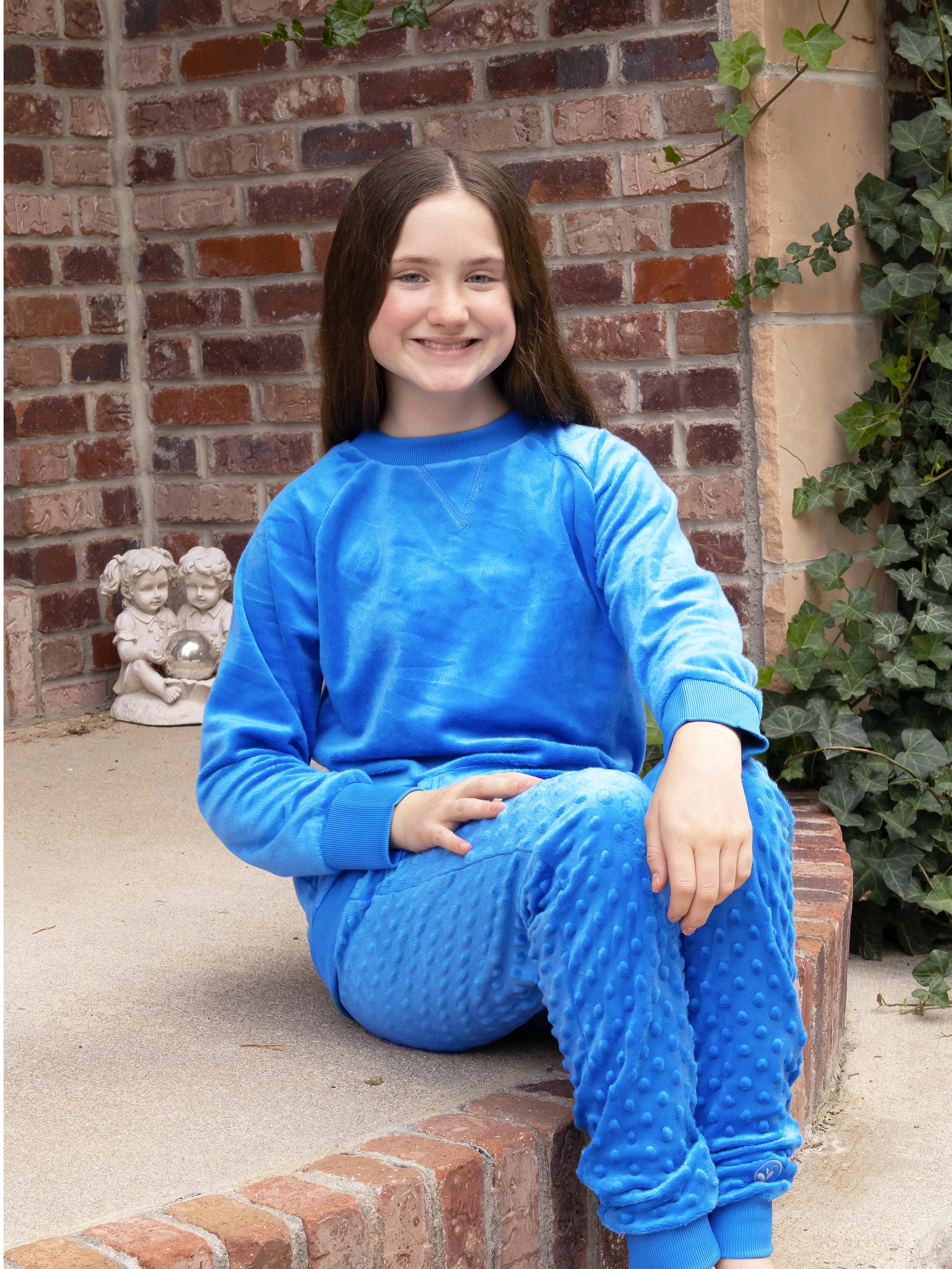 Minky Crewneck Sweatshirt in Inspiration Blue, featuring plush fabric and stylish design for girls aged 4 to 16.