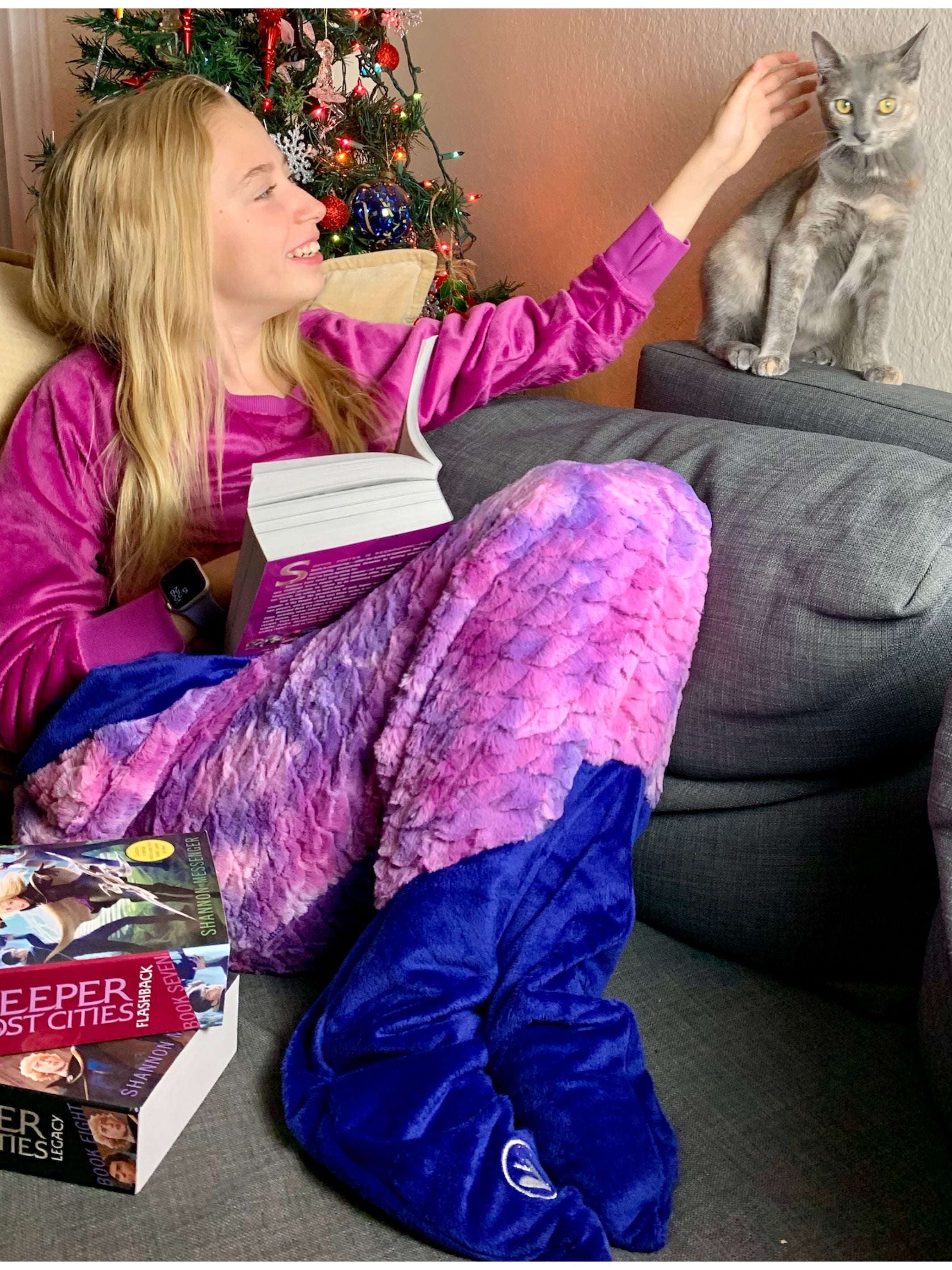 Minky Faux Fur Mermaid Tail Sleeping Bag in Purple Tie Dye, featuring a plush design with a sewn tail for cozy comfort.