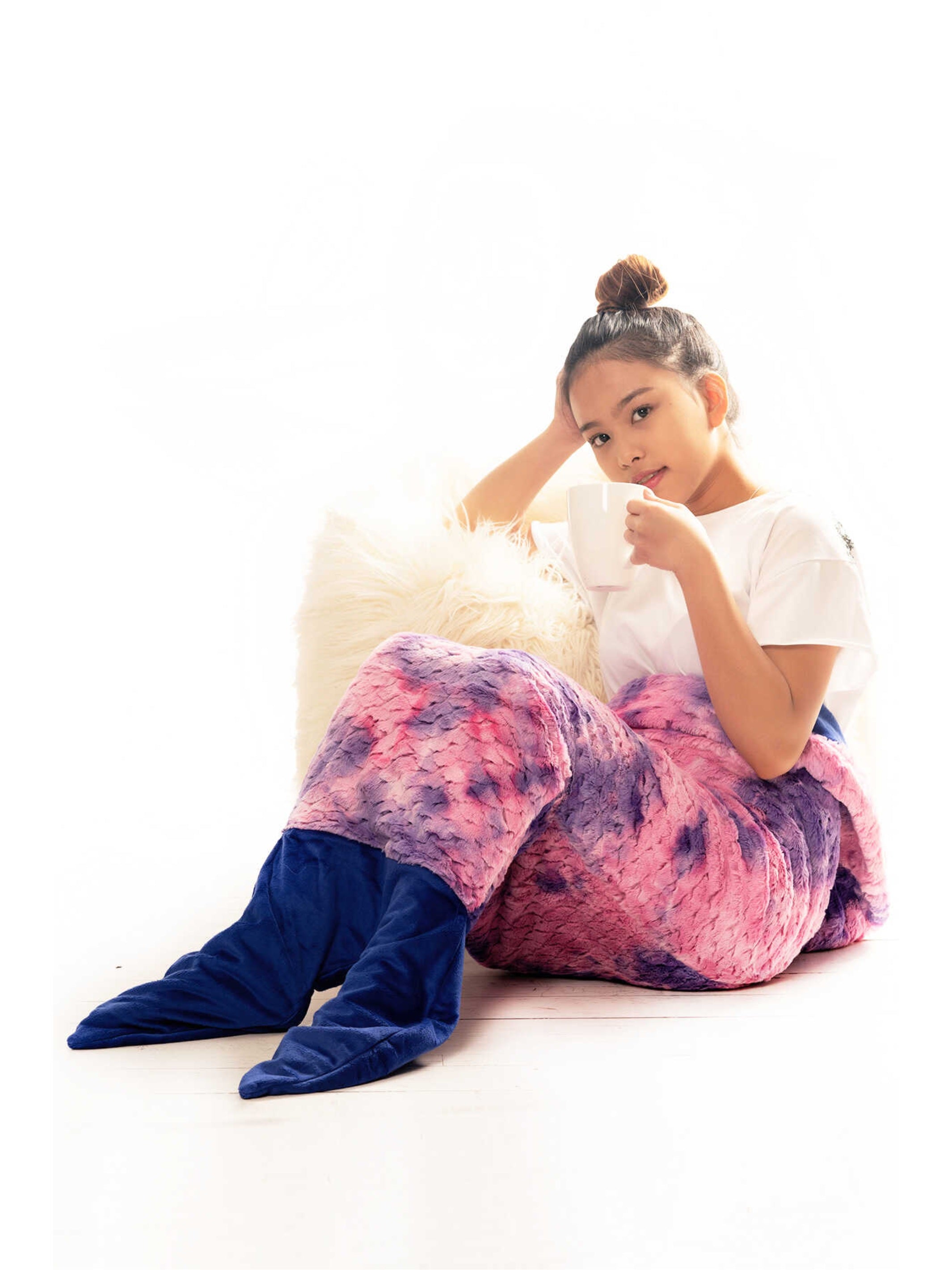 Minky Faux Fur Mermaid Tail Sleeping Bag in Purple Tie Dye, featuring a plush design with a sewn tail for cozy comfort.