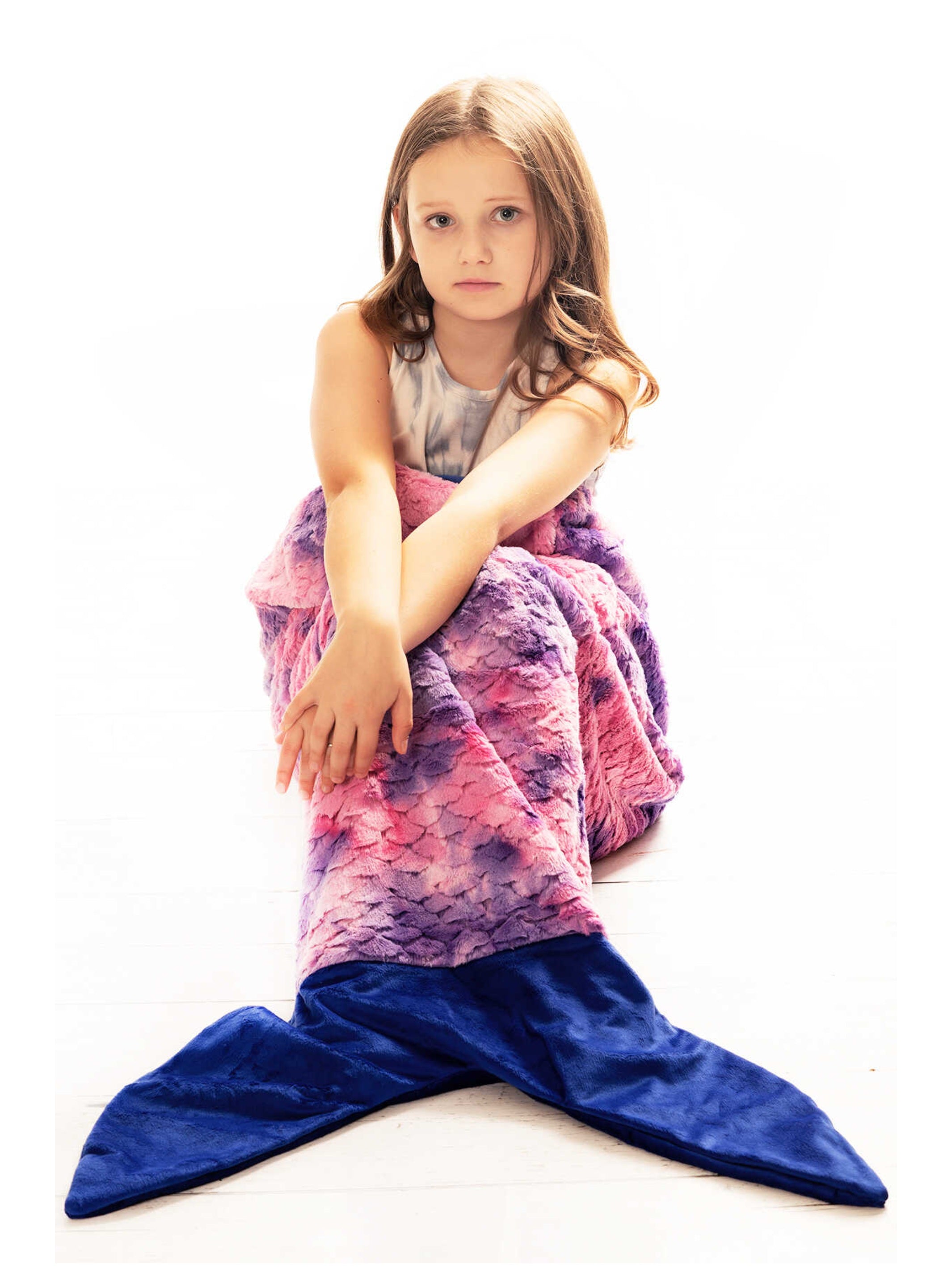 Minky Faux Fur Mermaid Tail Sleeping Bag in Purple Tie Dye, featuring a plush design with a sewn tail for cozy comfort.