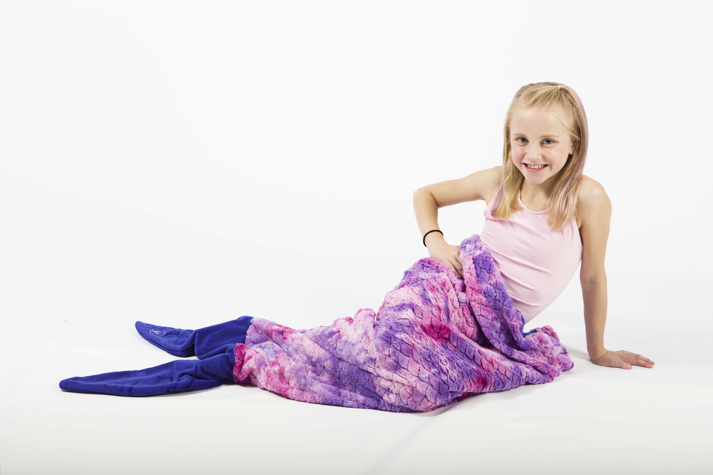 Minky Faux Fur Mermaid Tail Sleeping Bag in Purple Tie Dye, featuring a plush design with a sewn tail for cozy comfort.