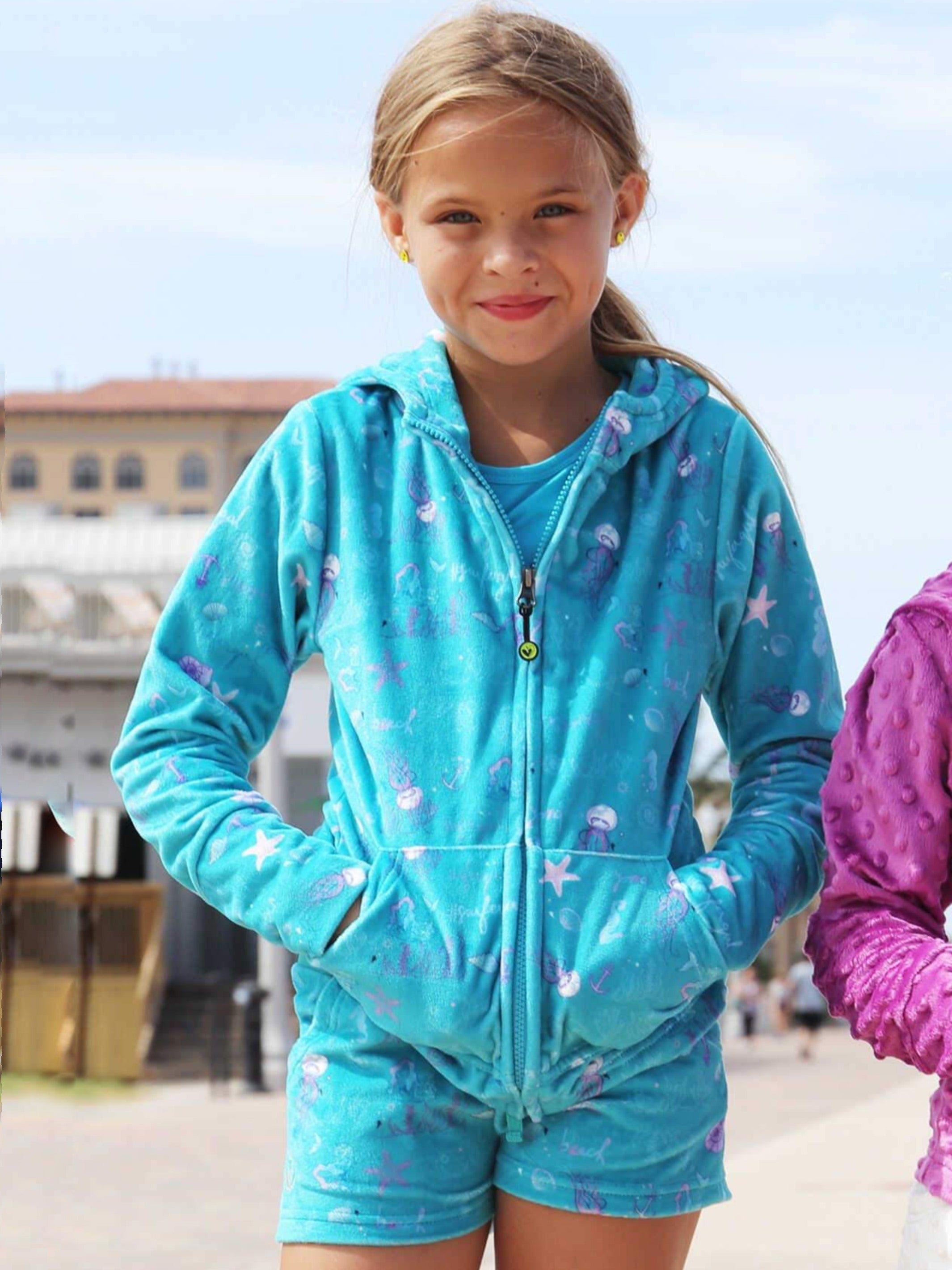 Limeapple Printed Minky Shorts in Ocean Print, featuring a drawstring waistband and soft, lightweight fabric, perfect for girls aged 4 to 16.