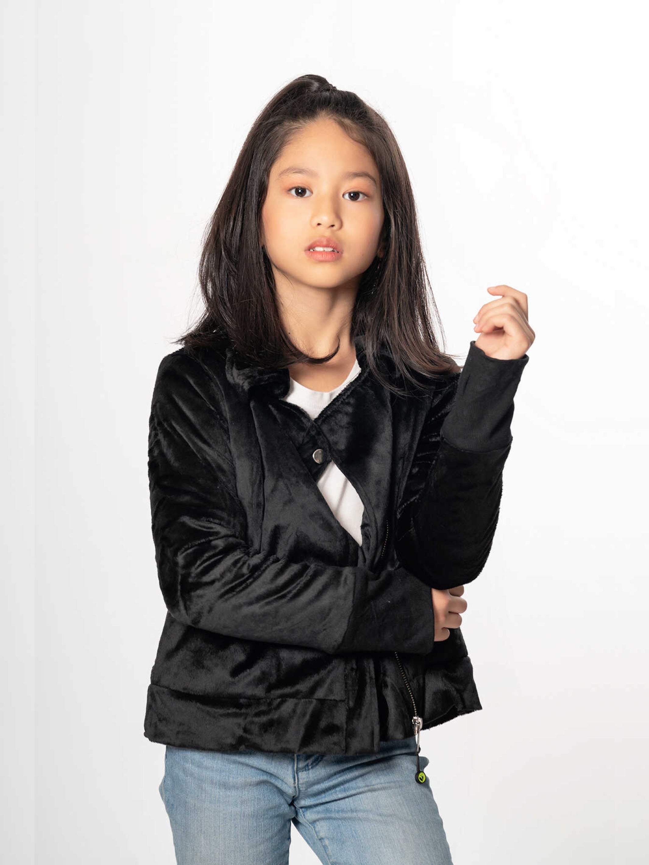 Limeapple Minky Moto Jacket in black with faux fur lining, showcasing stylish asymmetrical zipper and side pocket.