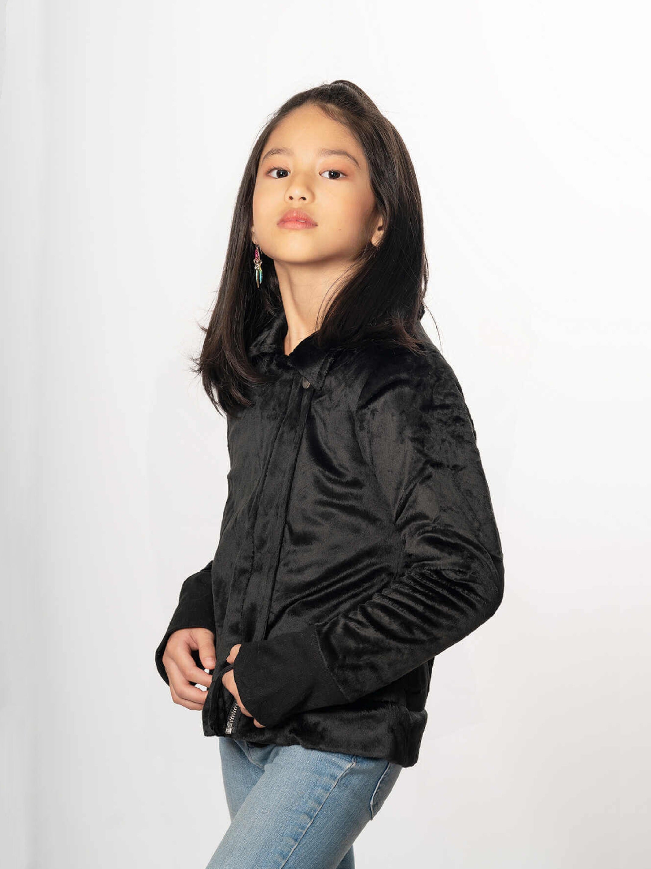 Limeapple Minky Moto Jacket in black with faux fur lining, showcasing stylish asymmetrical zipper and side pocket.
