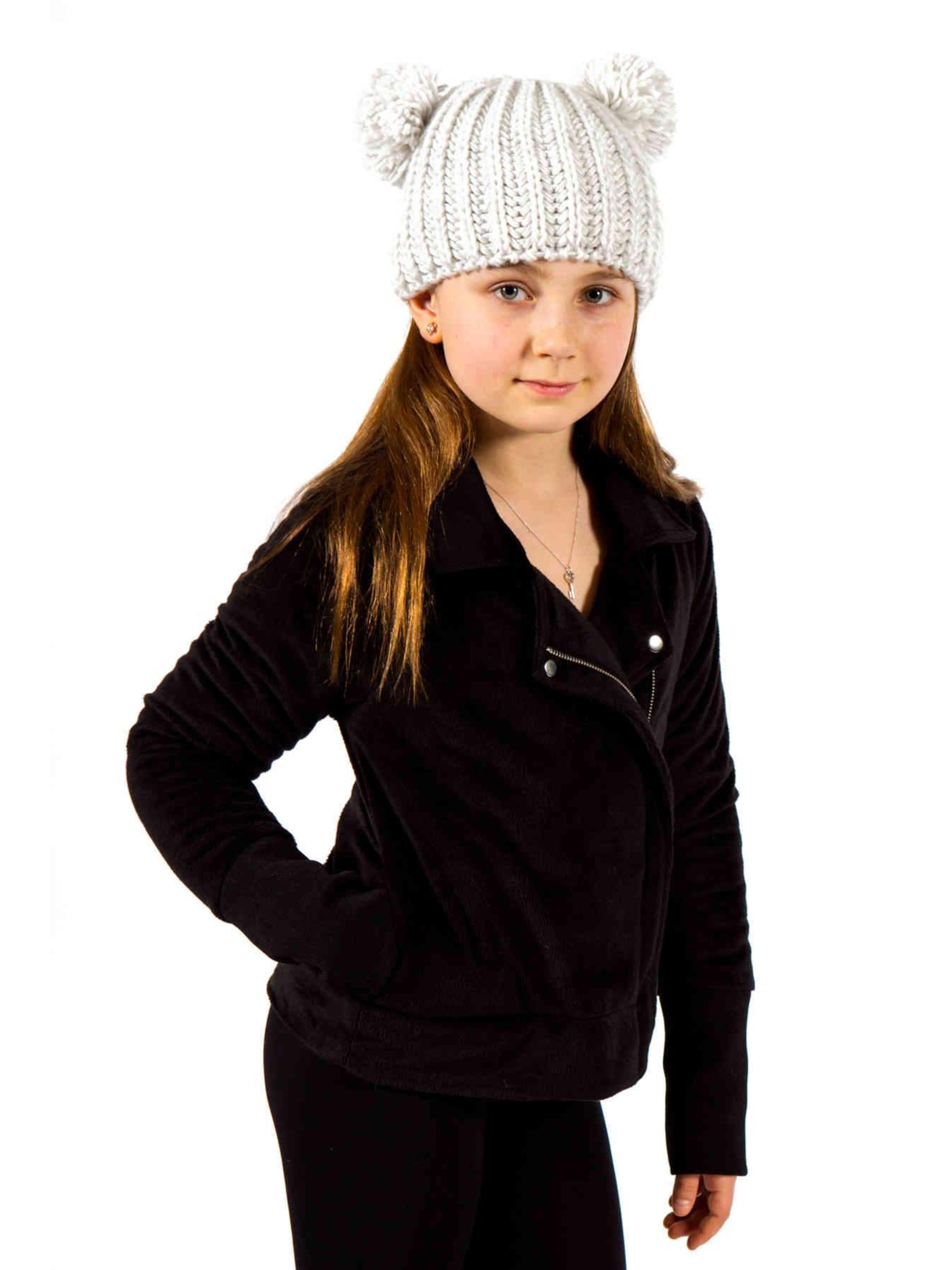 Limeapple Minky Moto Jacket in black with faux fur lining, showcasing stylish asymmetrical zipper and side pocket.