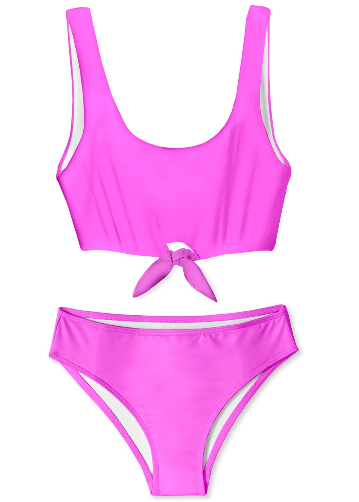 Neon pink front tied bikini for girls, featuring a stylish design and fully lined interior for comfort.