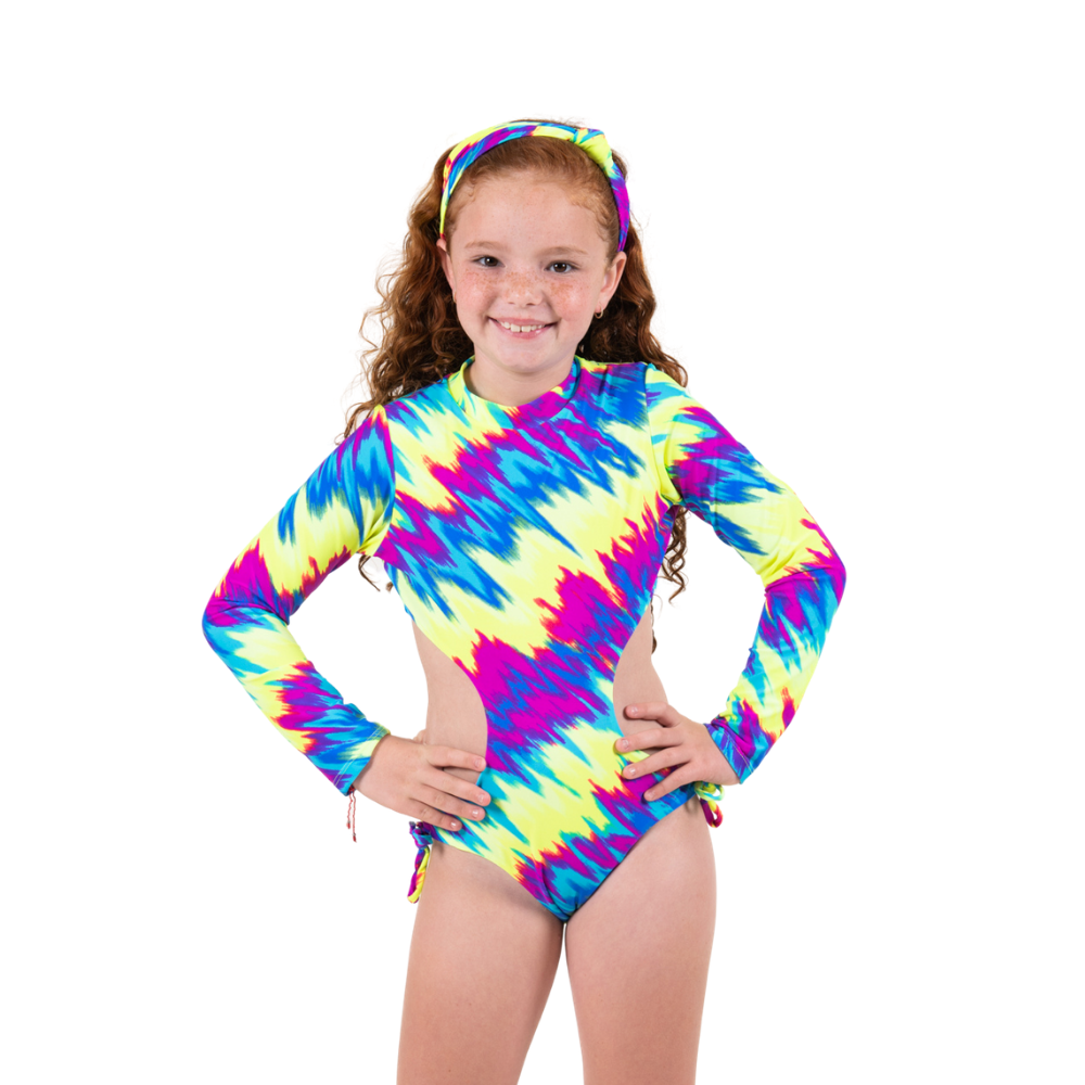 Vibrant Neon Tie Dye One Piece Kids Swimwear featuring UV protection, perfect for summer fun.