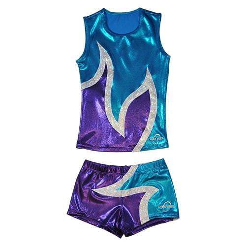 Obersee Cheer Dance Tank and Shorts Set in Anya Turquoise, featuring a shiny metallic finish and a comfortable design for young athletes.