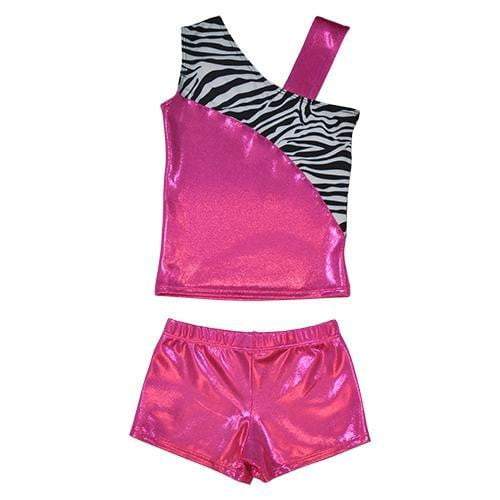 Obersee Cheer Dance Tank and Shorts Set in Pink Zebra, featuring shiny metallic fabric and a comfortable design for young athletes.