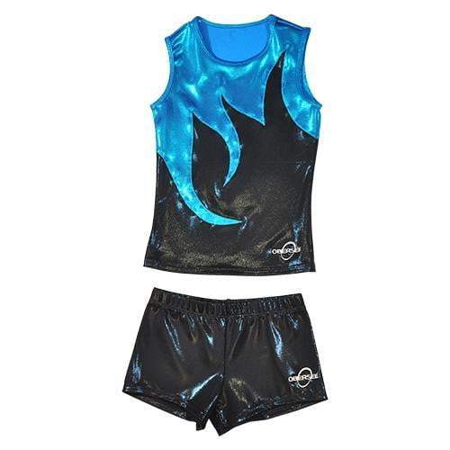 Obersee Cheer Dance Tank and Shorts Set in Black Mist, featuring shiny metallic fabric and a comfortable design for young athletes.