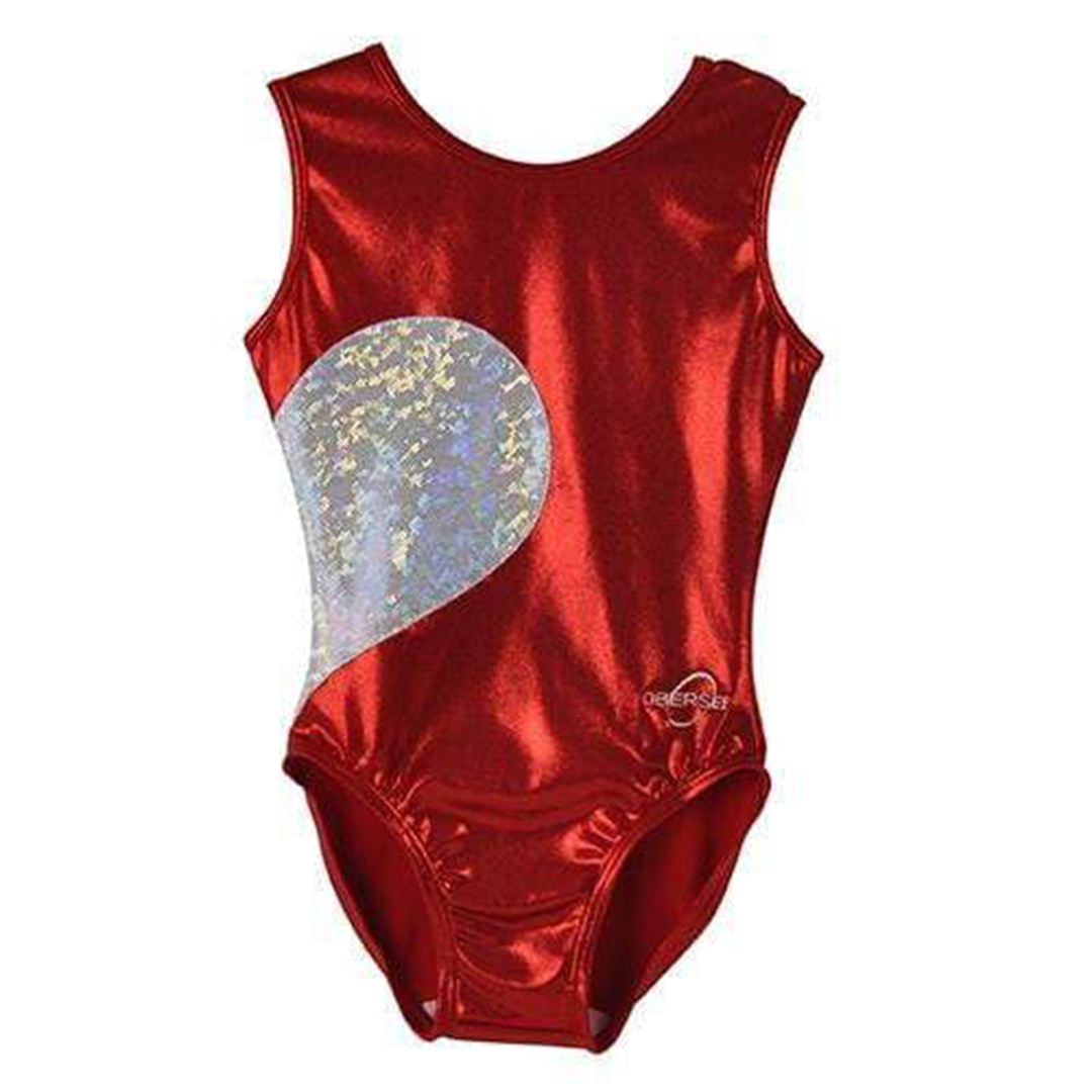 Obersee Gymnastics Leotard for girls featuring a vibrant red heart design, made from stretchy nylon and spandex for comfort and flexibility.