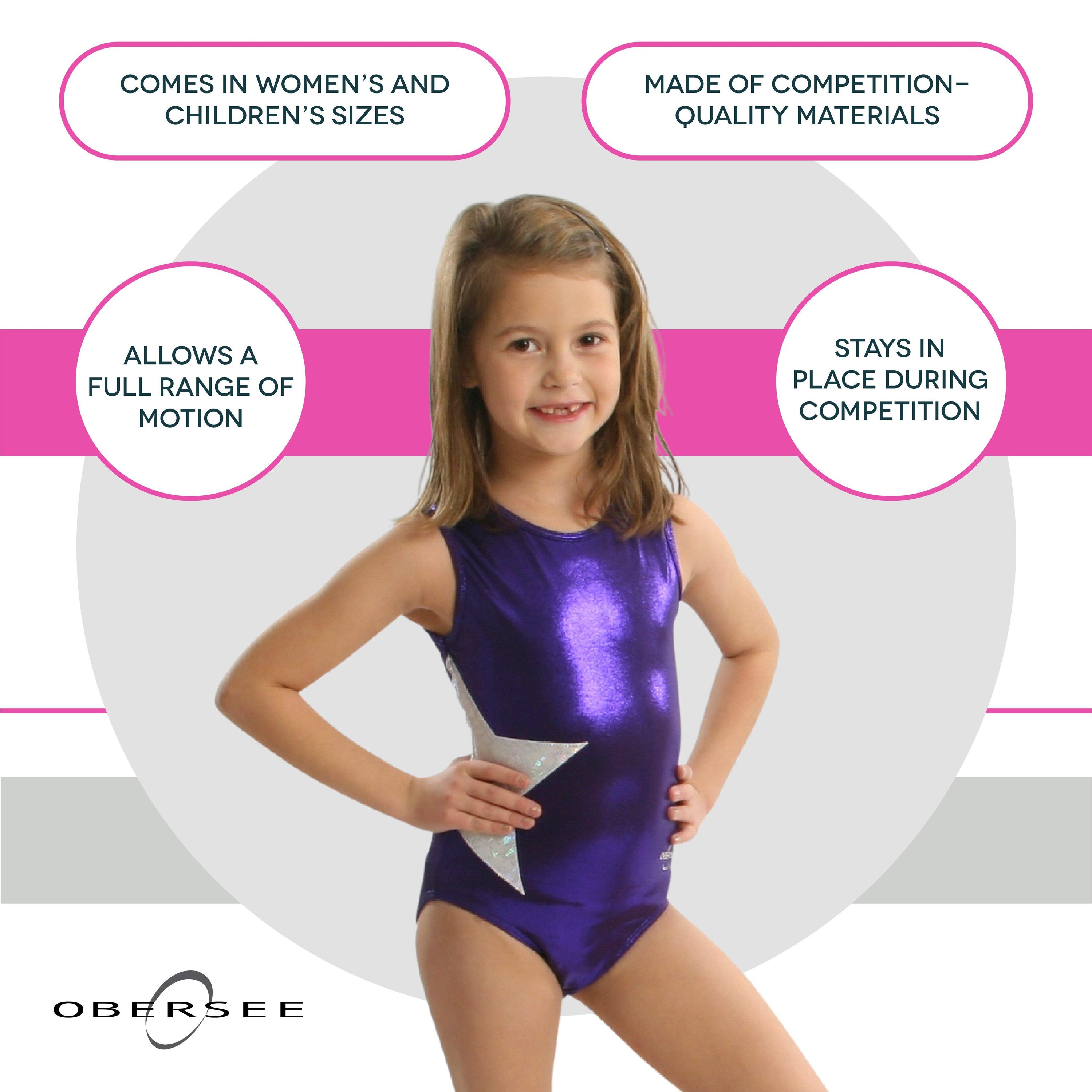 Obersee Girls Gymnastics Leotard in purple with silver accents, featuring a scoop neck and sleeveless design, perfect for gymnastics and dance.