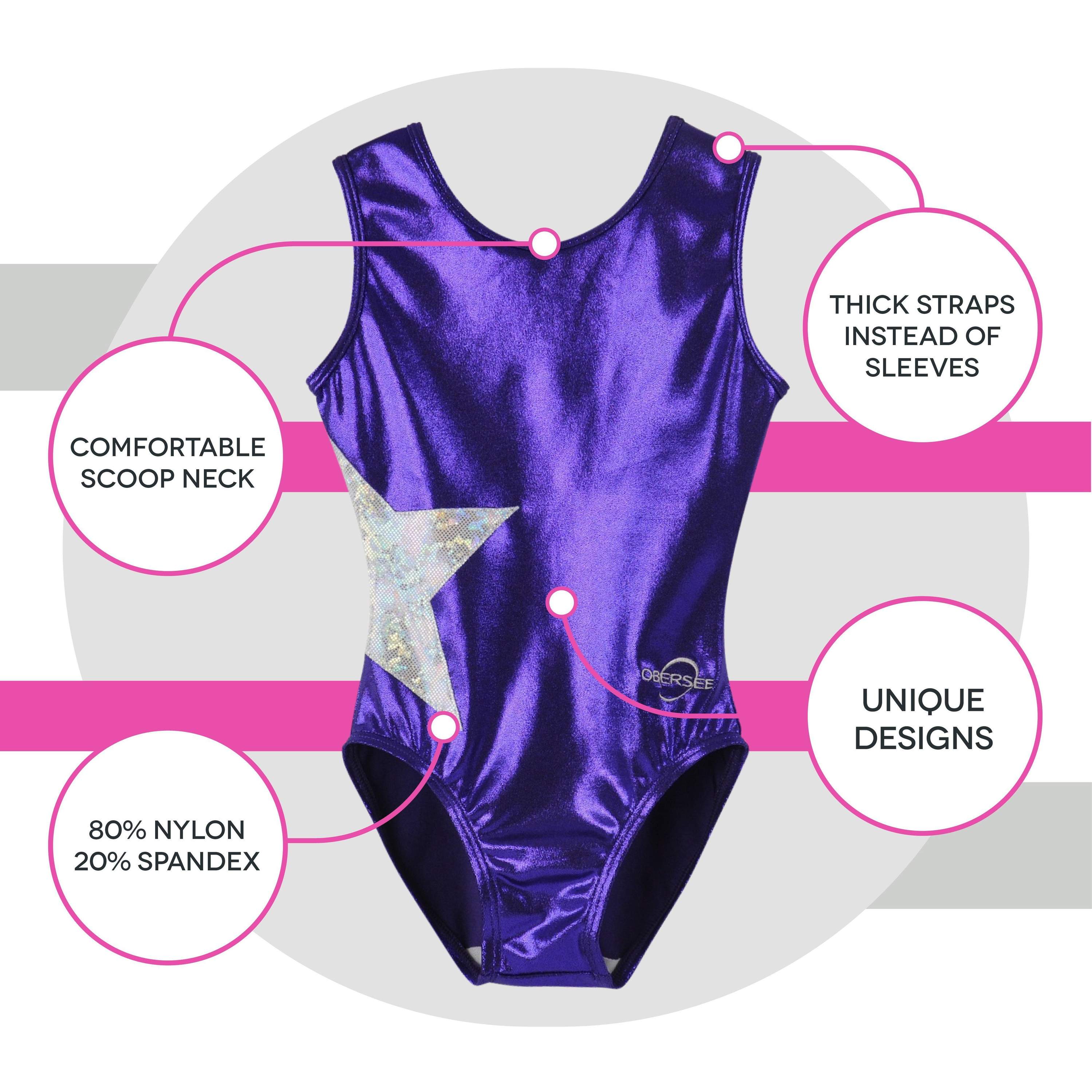 Obersee Girls Gymnastics Leotard in purple with silver accents, featuring a scoop neck and sleeveless design, perfect for gymnastics and dance.