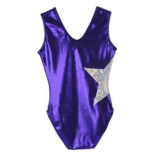 Obersee Girls Gymnastics Leotard in purple with silver accents, featuring a scoop neck and sleeveless design, perfect for gymnastics and dance.