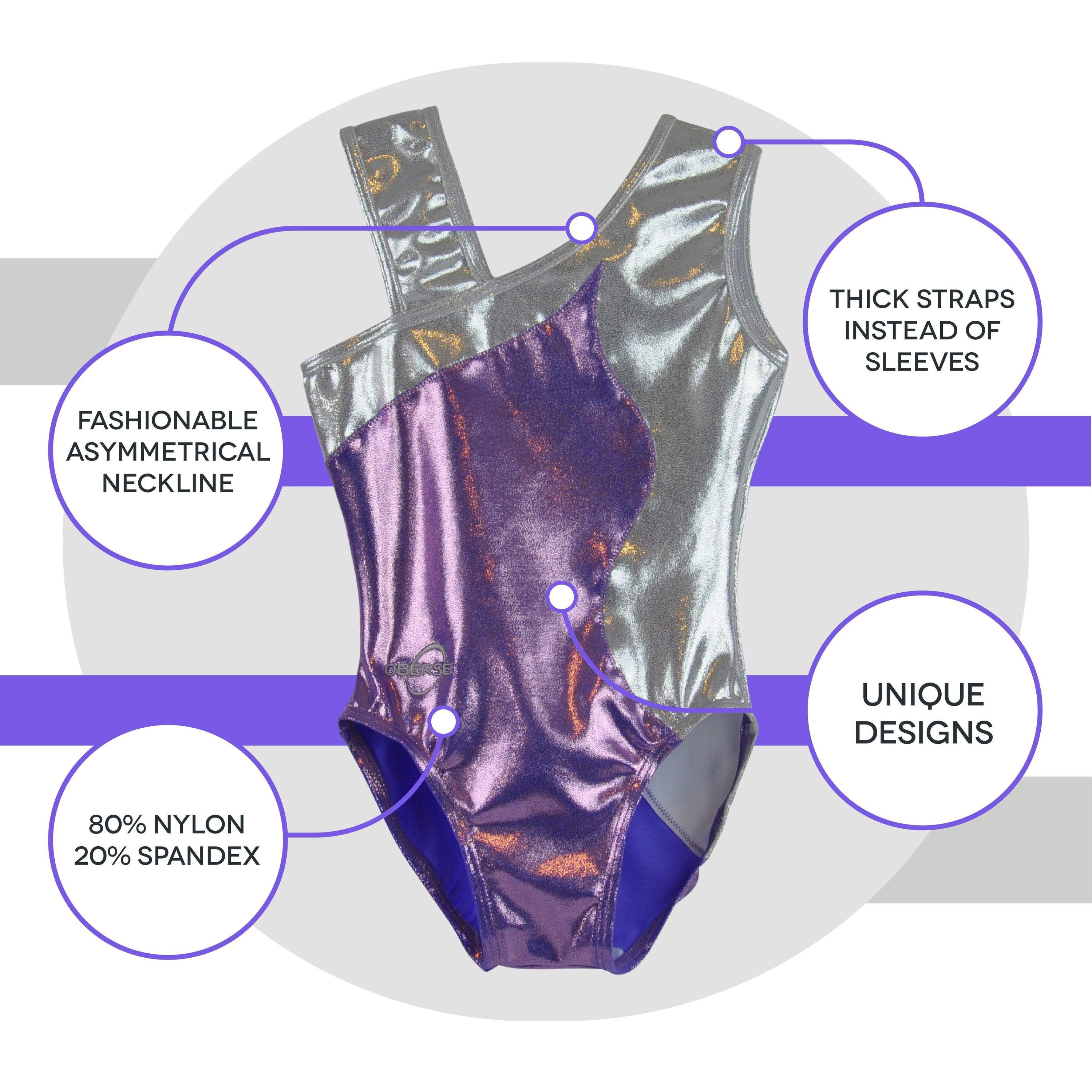 O3GL027 Obersee Girls Gymnastics Leotard in Angie Lilac color, showcasing its asymmetrical neckline and vibrant shimmer.