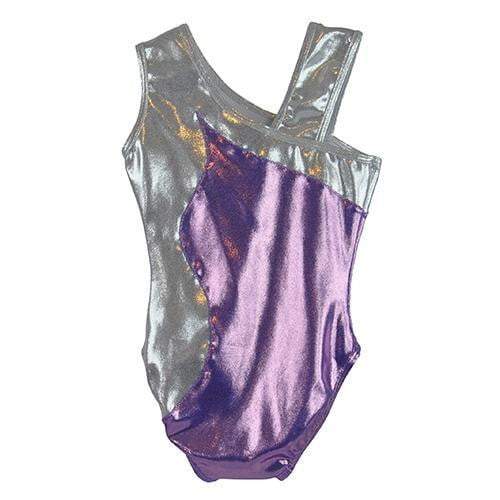 O3GL027 Obersee Girls Gymnastics Leotard in Angie Lilac color, showcasing its asymmetrical neckline and vibrant shimmer.