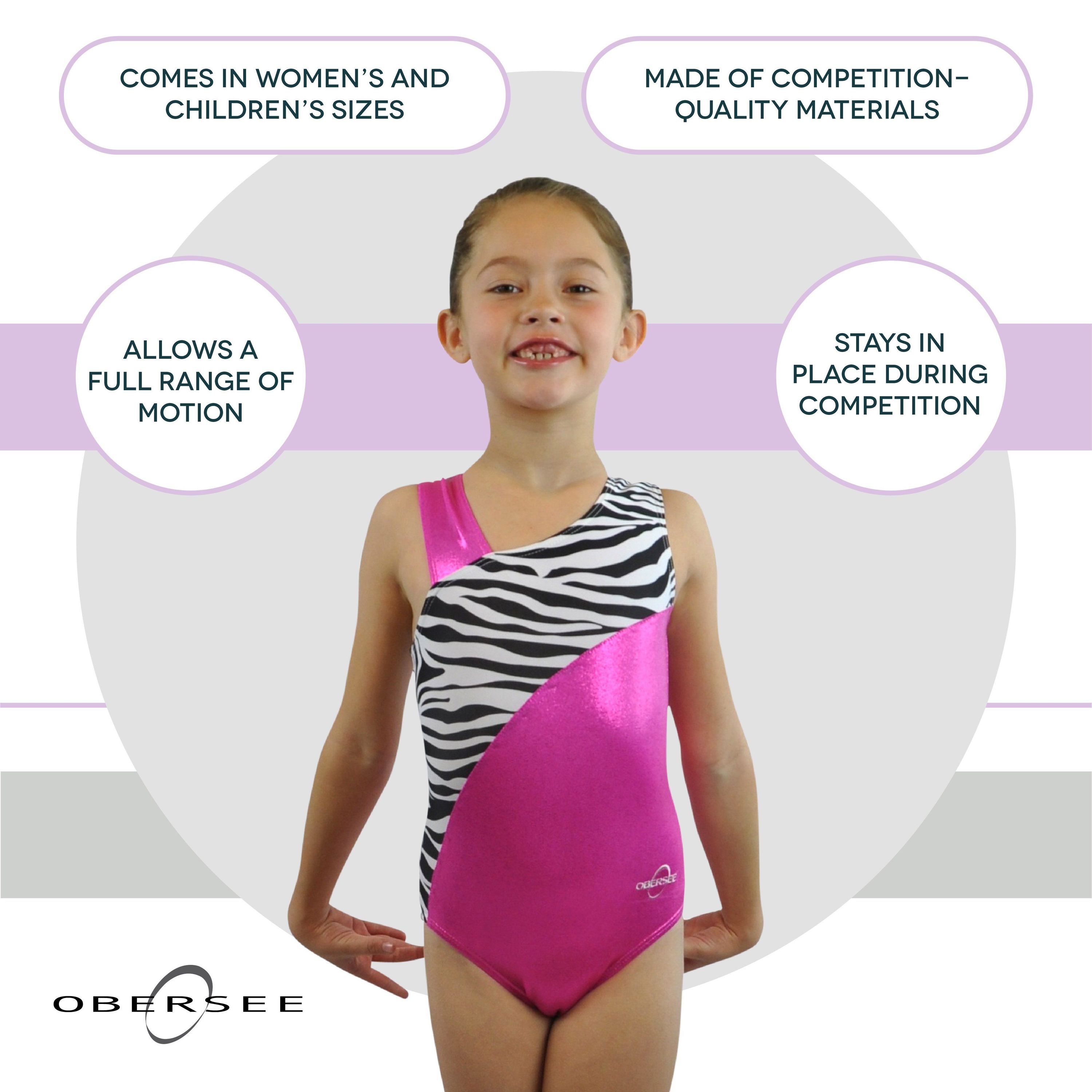 Obersee Girls Gymnastics Leotard in pink zebra design, showcasing vibrant colors and stylish scoop neck for optimal performance.