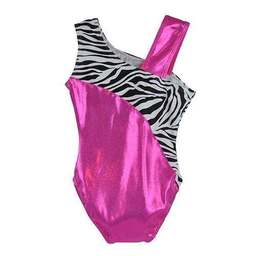 Obersee Girls Gymnastics Leotard in pink zebra design, showcasing vibrant colors and stylish scoop neck for optimal performance.