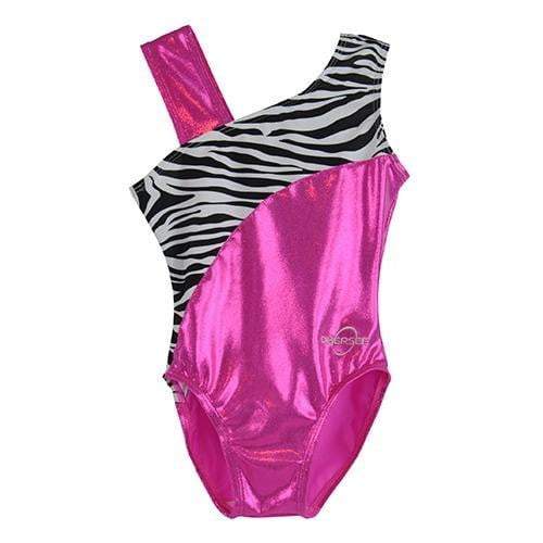 Obersee Girls Gymnastics Leotard in pink zebra design, showcasing vibrant colors and stylish scoop neck for optimal performance.
