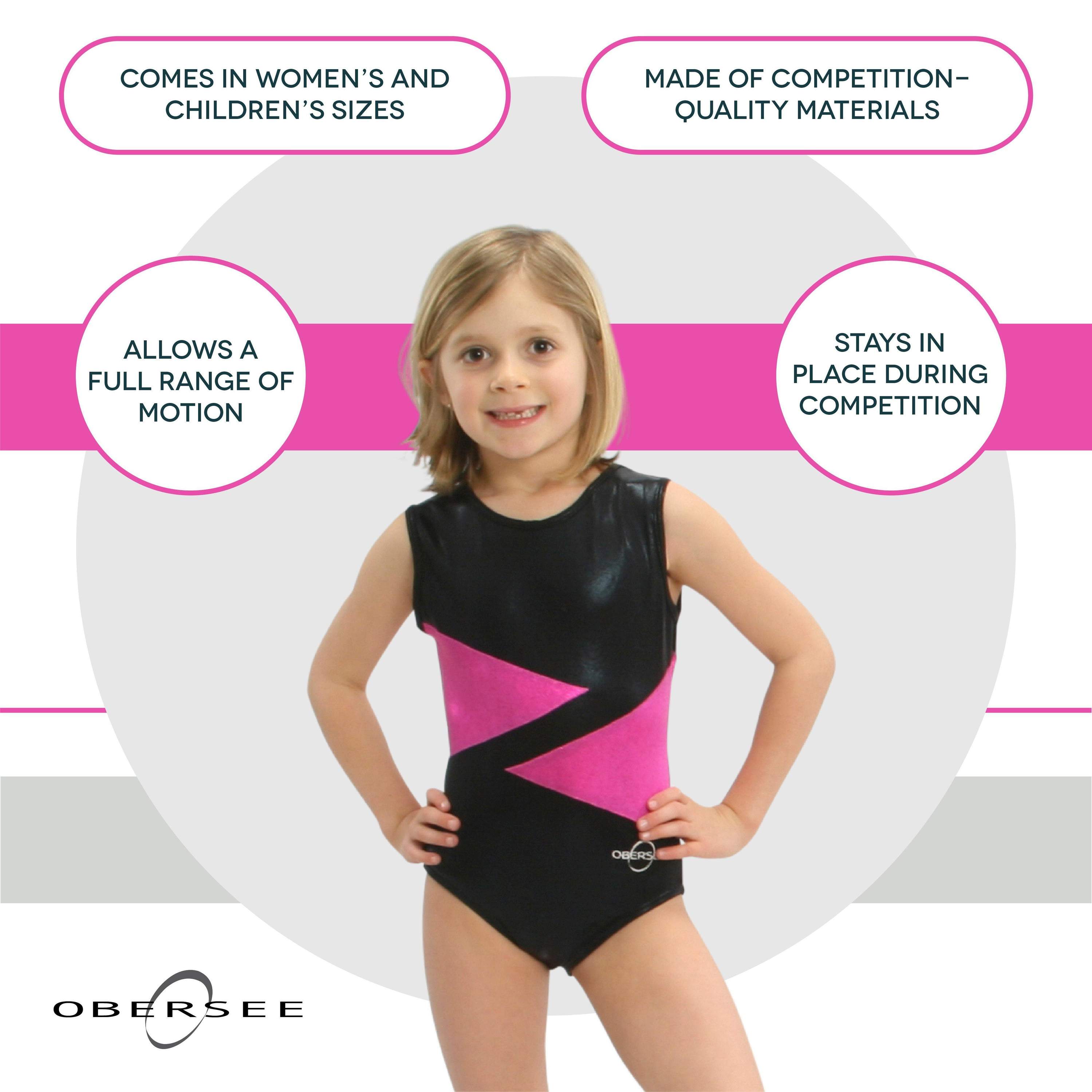 O3GL003 Obersee Girls Gymnastics Leotard in pink and black with diamond pattern, showcasing its scoop neck and no-sleeve design.