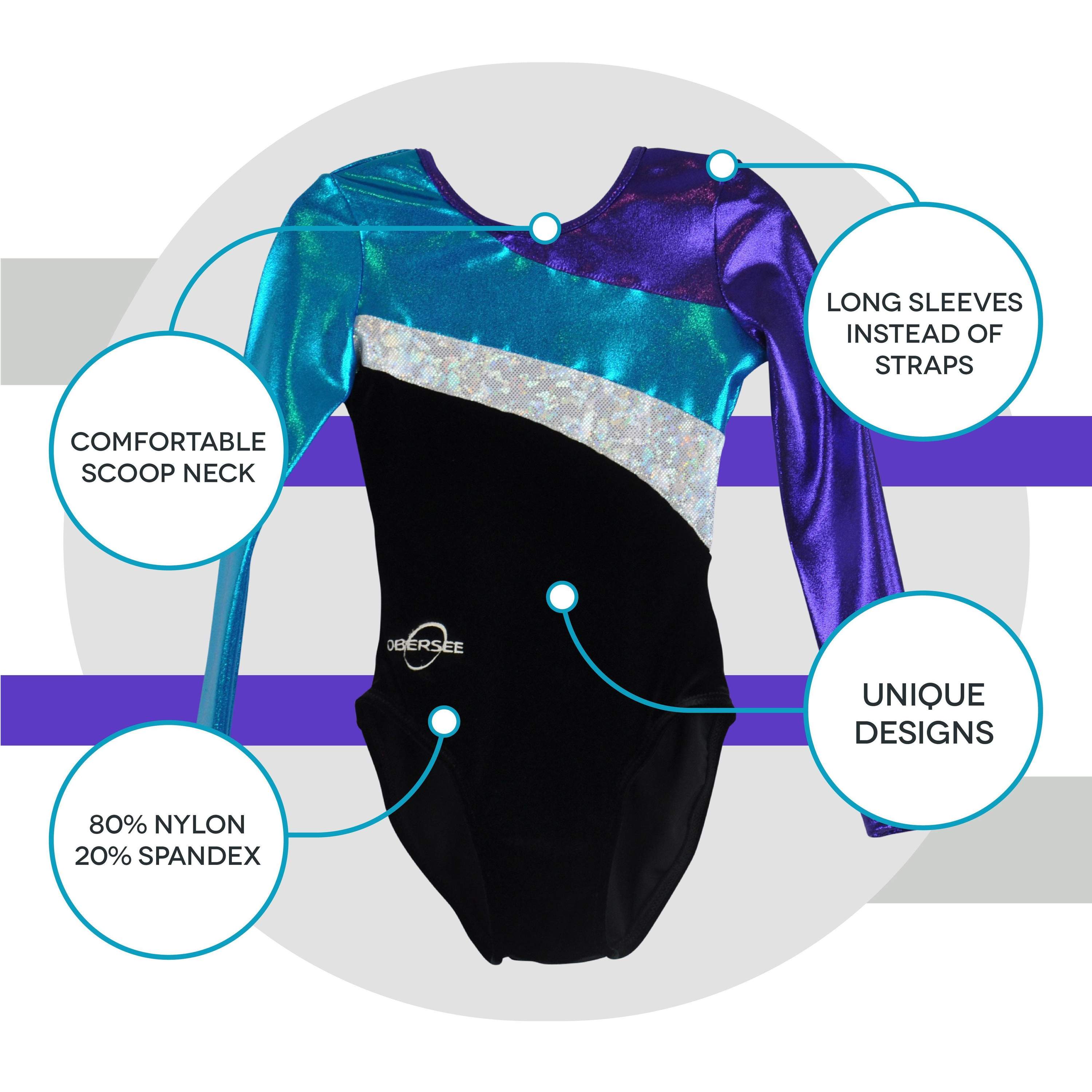 Obersee Girls Gymnastics Leotard in black, turquoise, silver, and purple, featuring long sleeves and a scoop neck design.