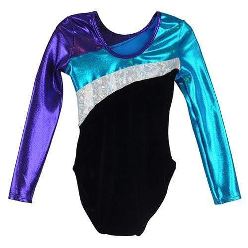 Obersee Girls Gymnastics Leotard in black, turquoise, silver, and purple, featuring long sleeves and a scoop neck design.
