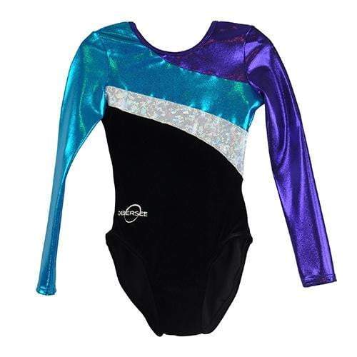 Obersee Girls Gymnastics Leotard in black, turquoise, silver, and purple, featuring long sleeves and a scoop neck design.
